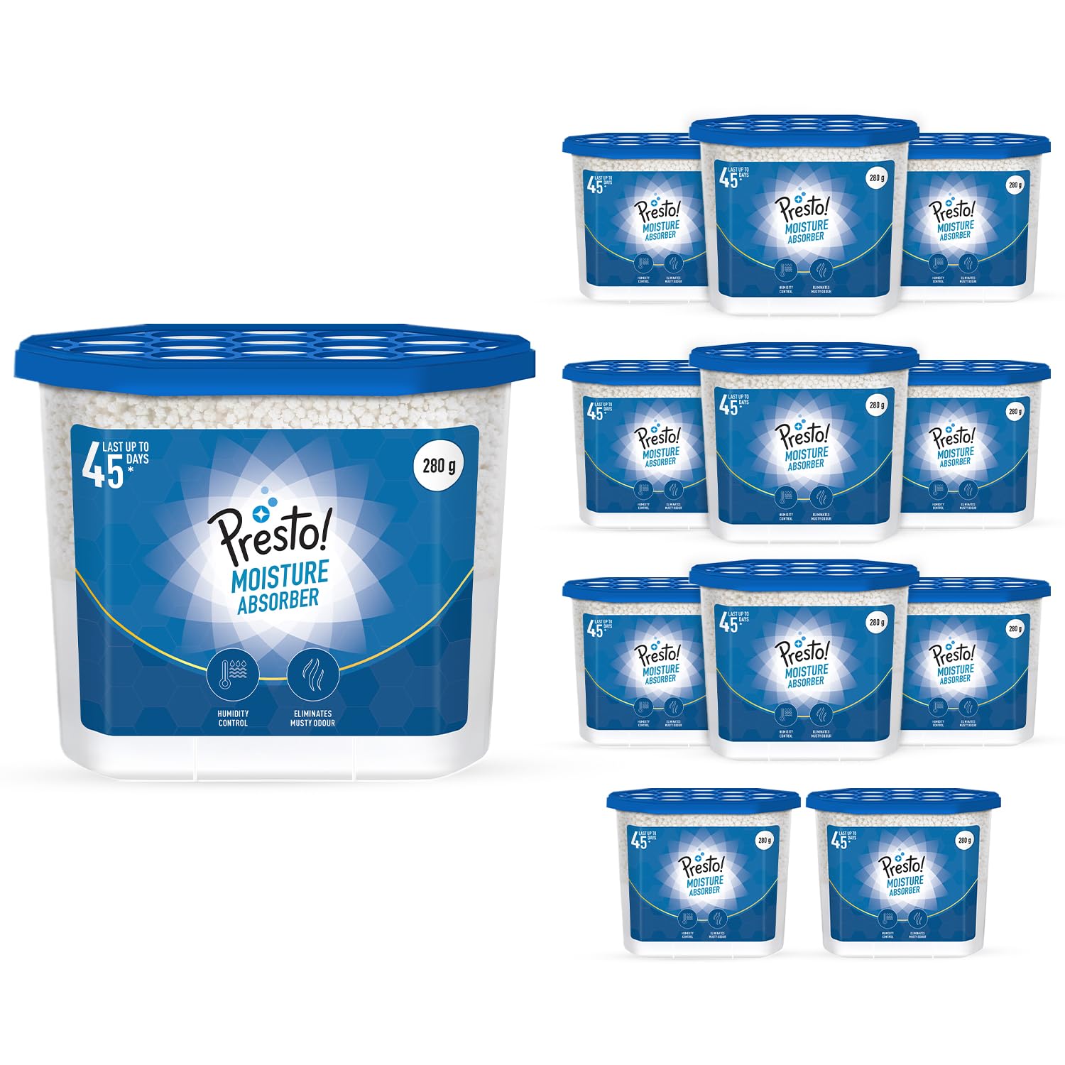 Amazon Brand - Presto! Moisture Absorber | 280 g x Pack of 12 | Absorbs upto 600 ml Each | Eliminates Musty Odour | Lasts Upto 45 Days