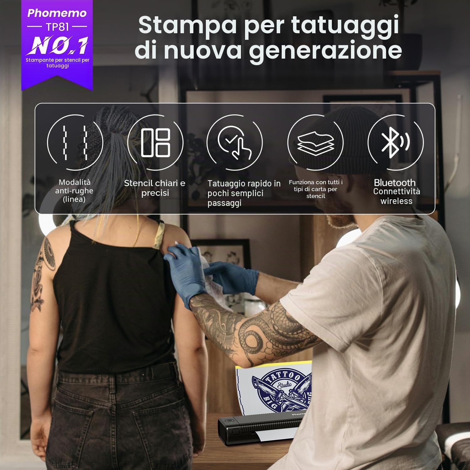 Phomemo TP81 Stampante per Tatuaggi con 4 Gel per Trasferimento di Tatuaggi, 20 Pezzi di Carta di Trasferimento per Tatuaggi Temporanei, Compatibile con Smartphone e PC