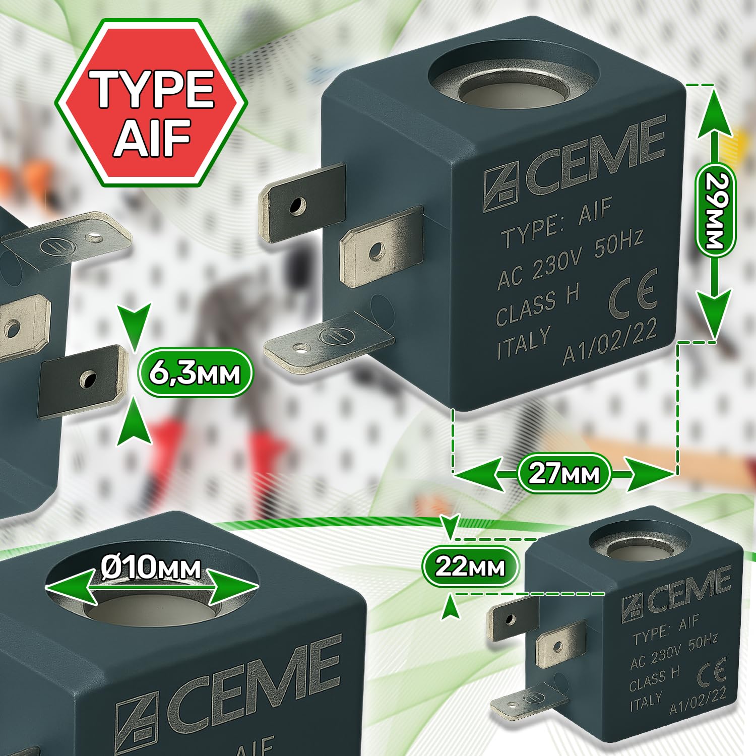 Bobina Tipo AIF per Elettrovalvola 230V 50Hz con Diametro del Foro Ø 10 mm e Dimensioni 29x22x27 mm - ONIX TECH