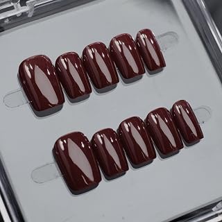 Dark Wine Red Press on Nails Thick Acrylic and Muti-Layer Gel Short Square False Nails with Solid Color Designs Handmade Press on Nails Acrylic Nails Glossy Full Cover Stick on Nails for Women (S)