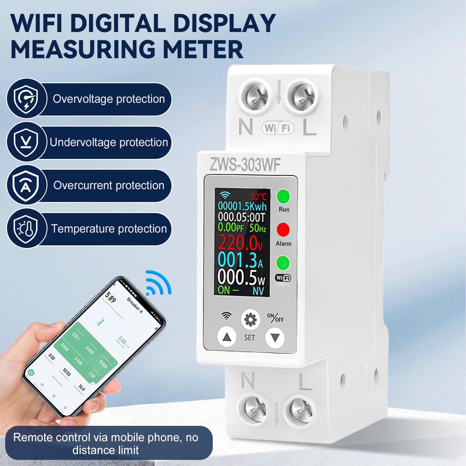 Medidor de Consumo Electrico WiFi Contador Electrico Carril Din AC 80-300V/63A Medidor Consumo Electrico Multifuncional Pantalla Digital Sobretemperatura Sobrecarga de Corriente Sobrecarga