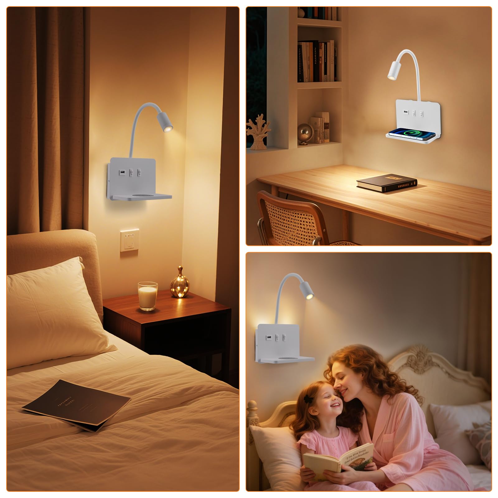 Lámpara de lectura de pared con cargador inalámbrico, 9W+3W Aplique cabecera de cama con interruptor y carga USB, lámpara de lectura de pared lectura flexible moderna lámpara de pared dormitorio