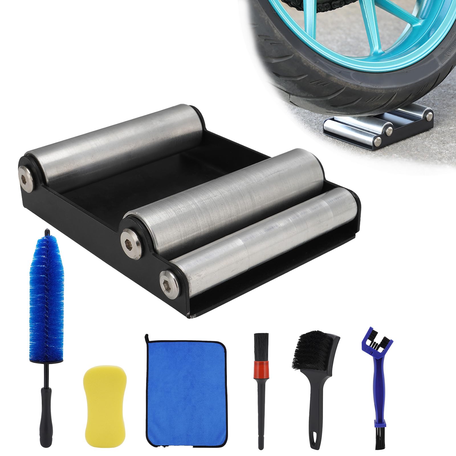 Soporte Rueda Moto,Caballete Trasero Delantero Moto + Kit Cepillo Limpieza para Motocicleta de 6 Piezas la mayoría de Bicicletas de Calle