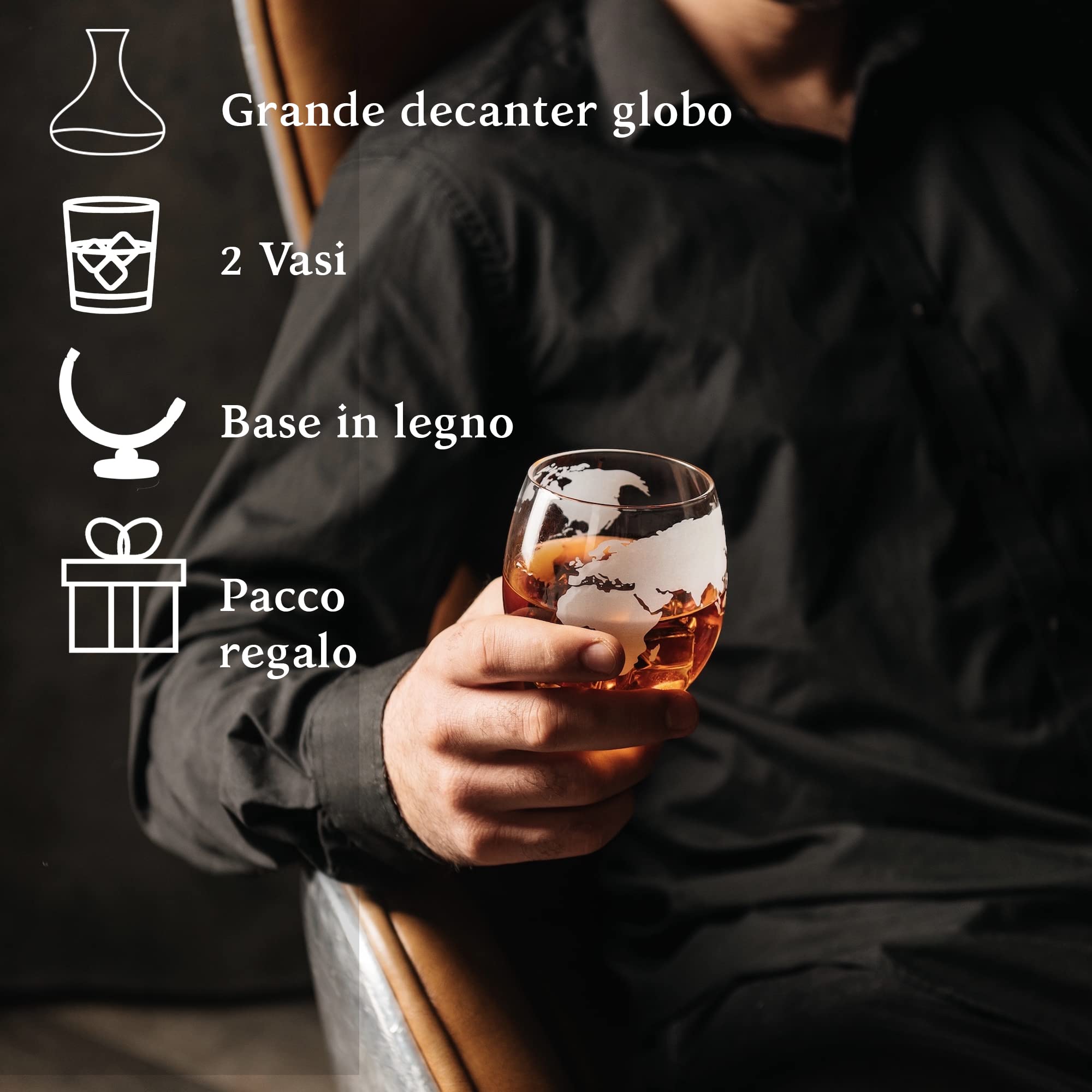 Caraffa per whisky a forma di globo per alcool, set da bar con bicchieri, supporto in legno e mappa del mondo, regali per uomini e donne, accessori per bottiglie di vetro, per gin, rum, scotch,