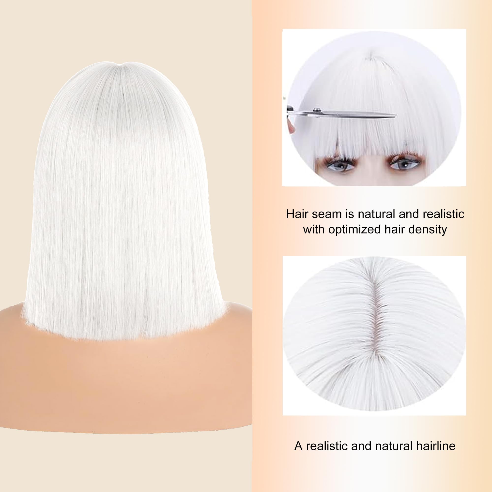 PORSMEER Short Straight Bob White Wigs with Fringe Shoulder Length Hair Colorful Wig for Women Girls Heat Resistant Synthetic Wig for Cosplay Halloween Party14 Inch 35cm - Image 3