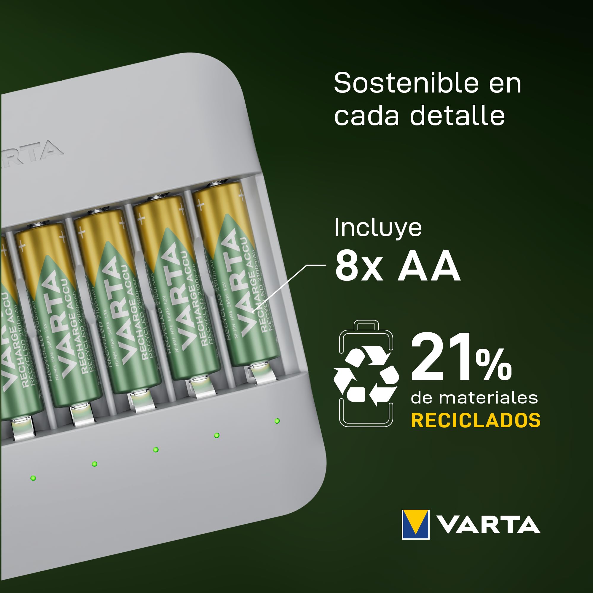 VARTA Cargador para 8 AA/AAA Pilas Recargables, Eco Charger Multi Recycled | para pilas recargables NiMH, 75 % de material reciclado, Incl. 8x AAA 2100 mAh