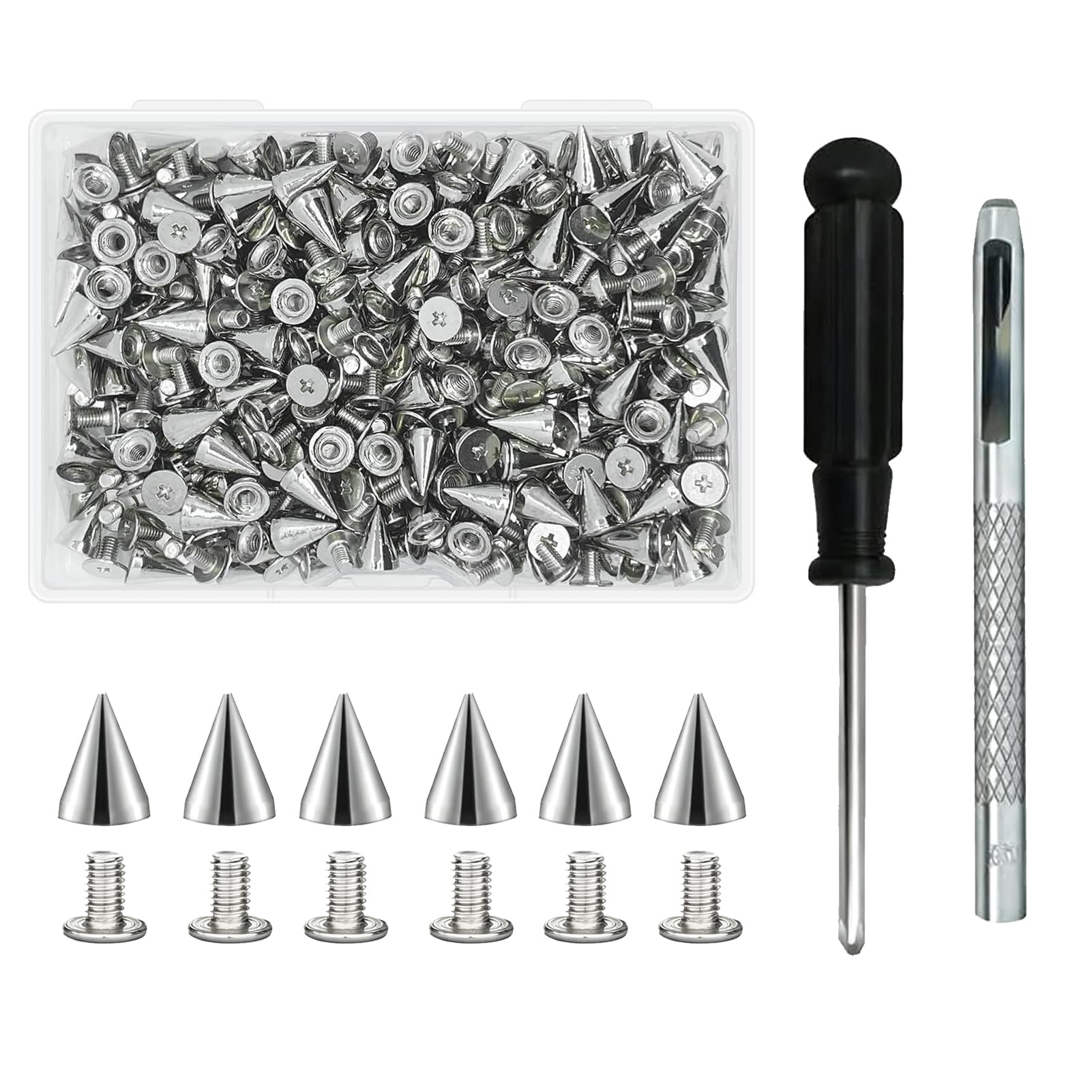 Reicyfang 150 Set Cone Spike Studs, Silver Cone Spike and Stud Rivet Kit Punk Rock Screw Back Studs, Metal Spikes Screw Back Punk Rivets Stud for Clothing Leather Jacket Decorations(7 x 10mm)