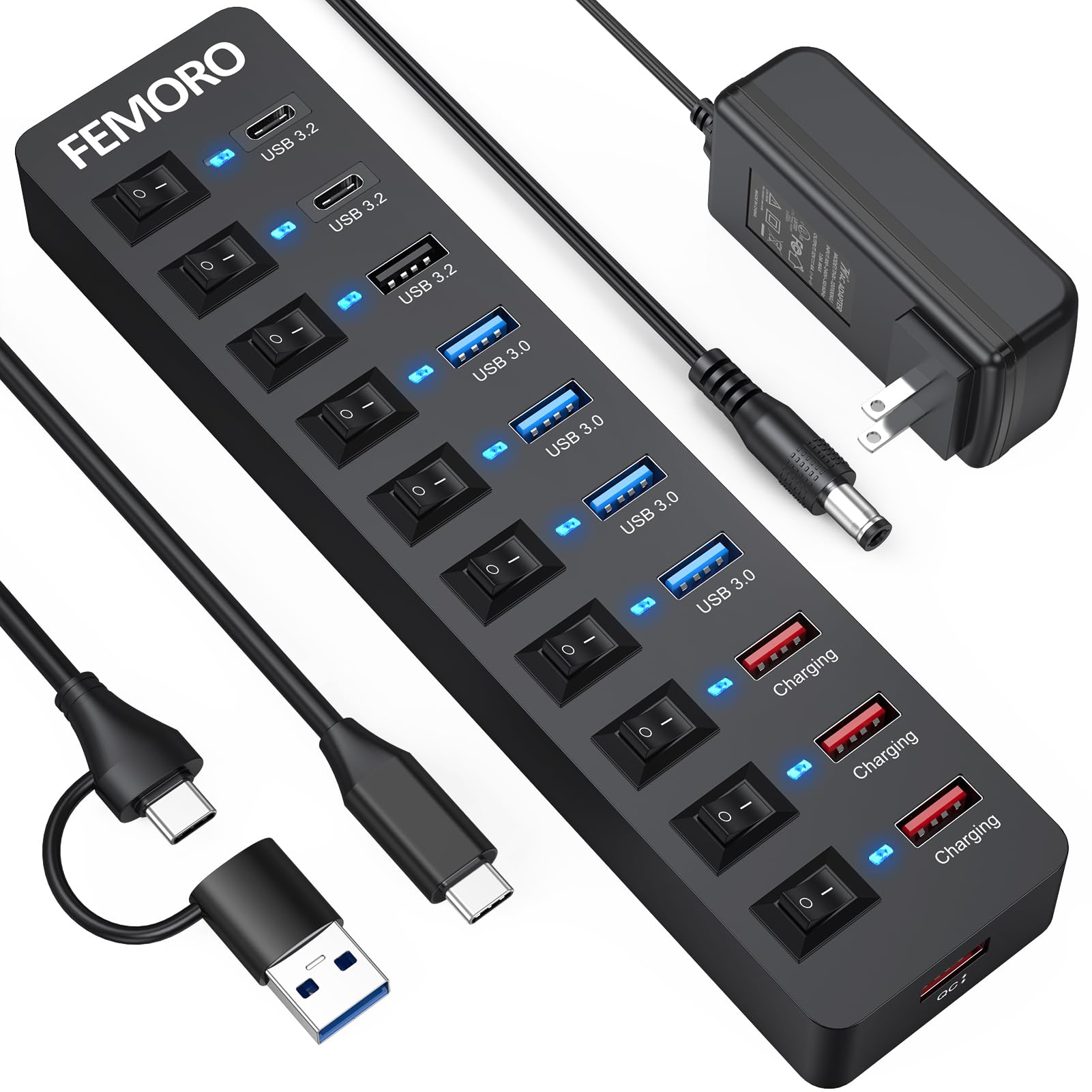 Powered USB C Hub 3.2 11-Port 48W, USB-C 3.2 (10Gbps)*2 + USB-A 3.2 (10Gbps)*1 + USB-A 3.0 (5Gbps)*4 + Power-only Port*4 with 12V/4A Power Adapter