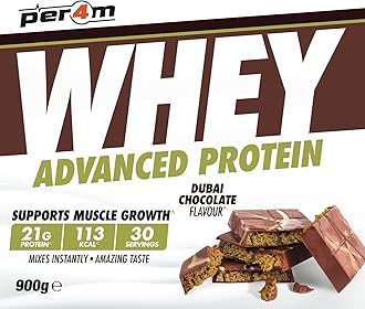 Per4m Whey Protein Powder | High Protein Shake for Muscle Growth & Recovery | Low Sugar Gym Supplement | Sports Nutrition Drink + Amino Acids (900g, Dubai Chocolate)