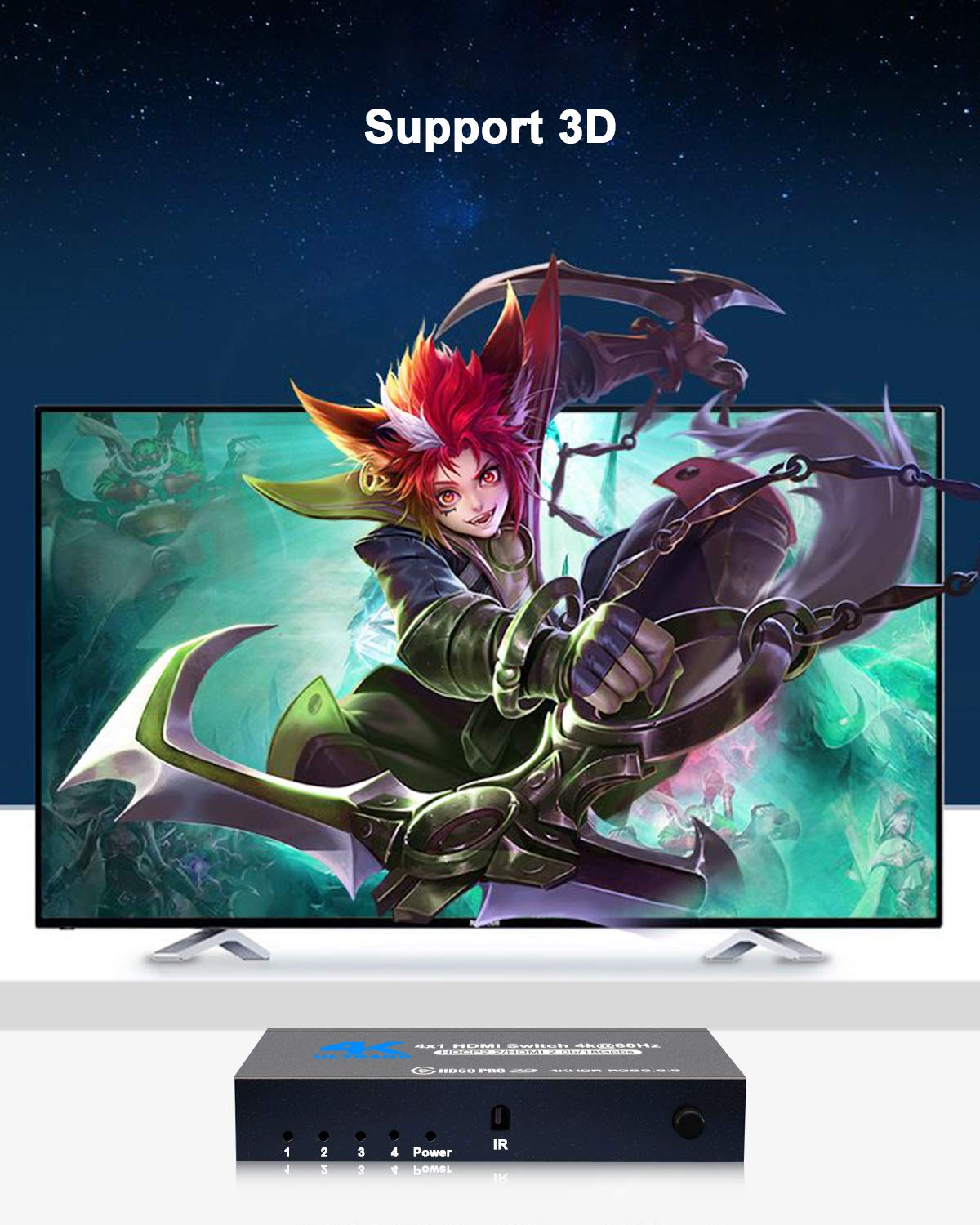 HDMI Switch 4K@60Hz, NerdEthos 4 Port HDMI 2.0 Switcher Selector 4 in 1 Out HDMI Switch with IR Remote Control, Supports 4K HDR10 HDCP 2.2 3D Dolby DST, for PS4 Xbox Fire Stick PC and More