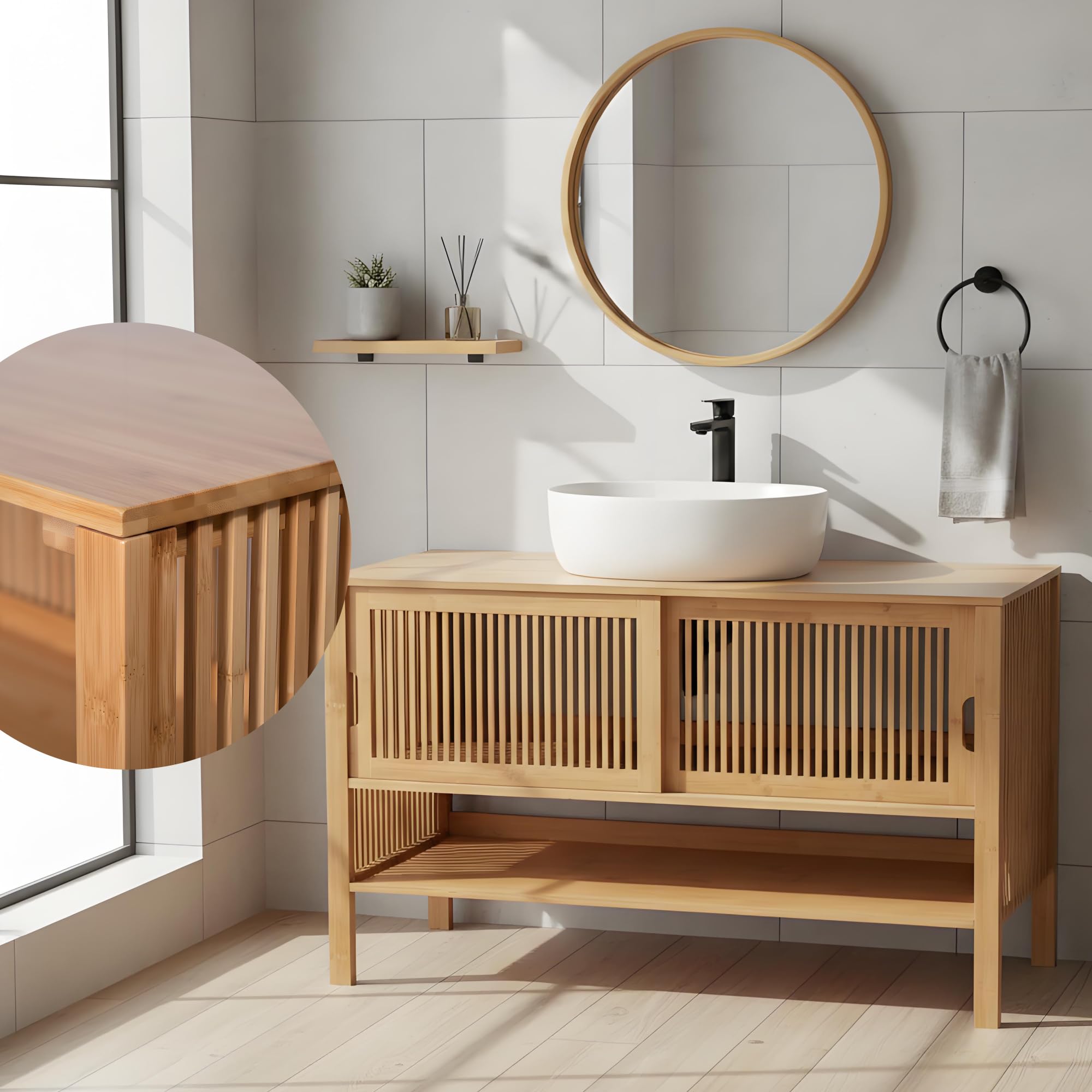 Meuble sous-lavabo 100 cm de large – Meuble de salle de bain en bambou avec portes coulissantes, meuble sous-lavabo naturel avec compartiment ouvert, meuble sous-vasque 100x45x60 cm