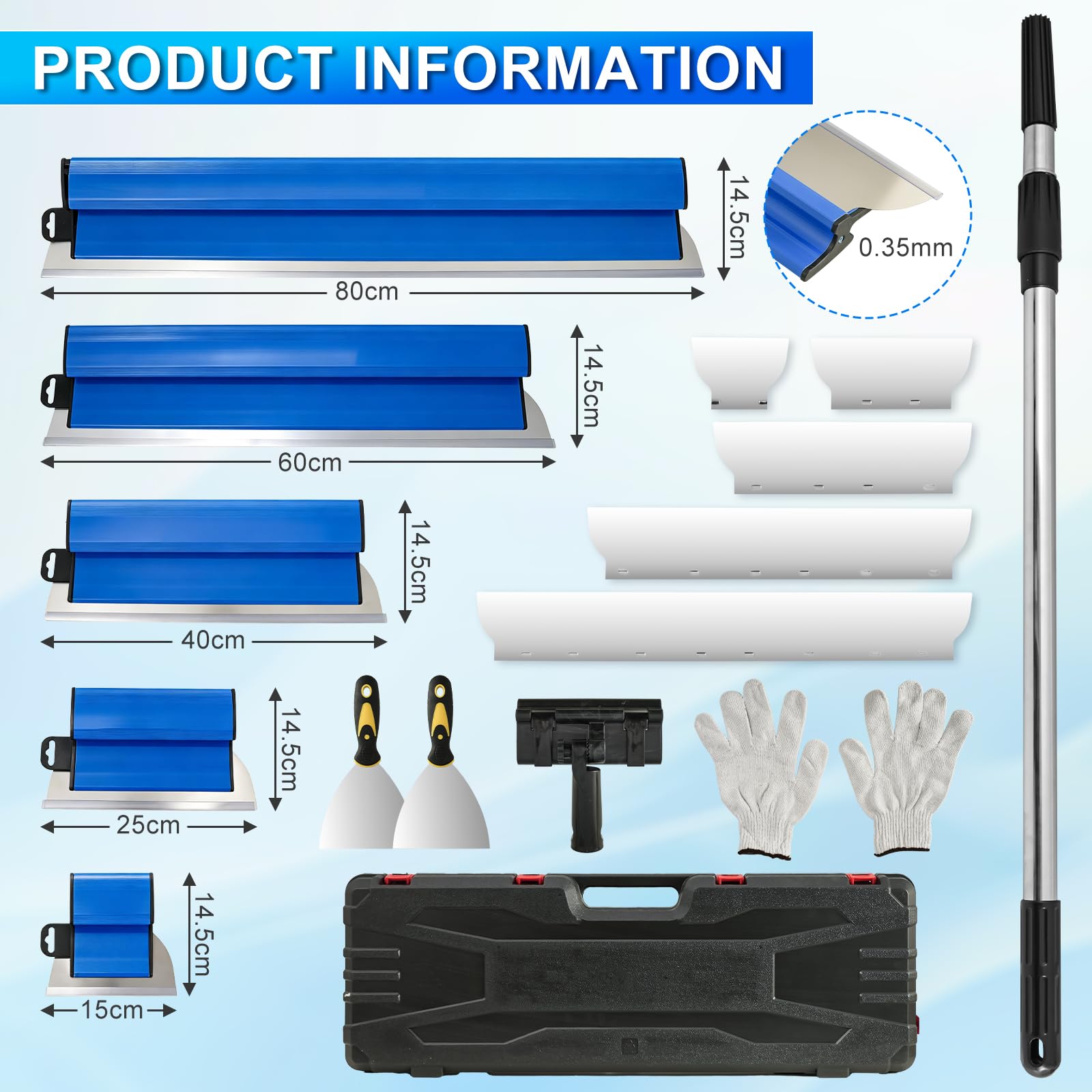 5-Teilig Flächenspachtel Set,15 25 40 60 80cm Spachtelklingen | Ergonomischem Griff und ein Ersatzmessersatz,Teleskopstange zum Verputzen von Wänden und Decken für große Arbeitsbereich