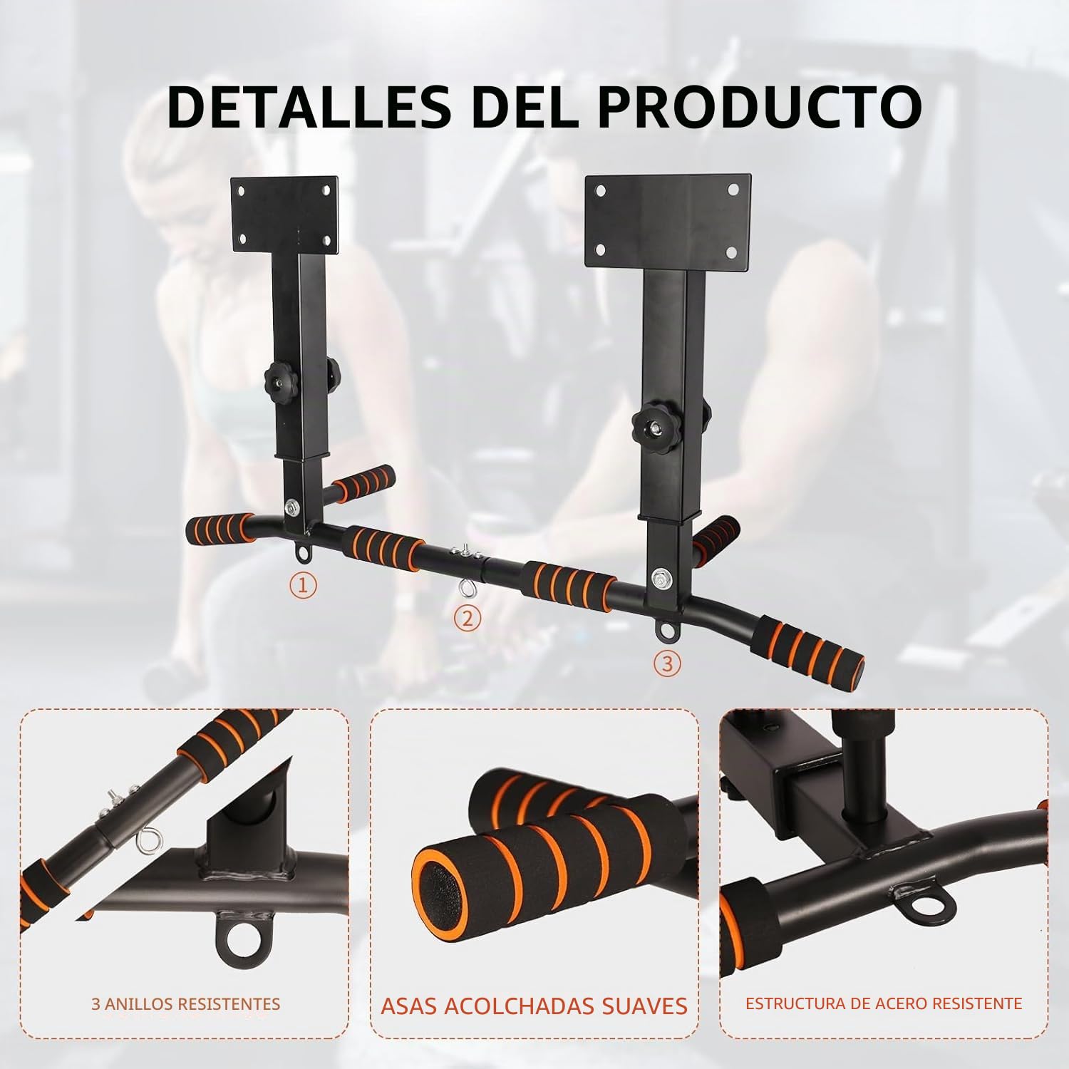 Barra de dominadas de altura ajustable resistente hasta 200 kg con agarres antideslizantes, equipo de entrenamiento de fuerza para el hogar y el gimnasio
