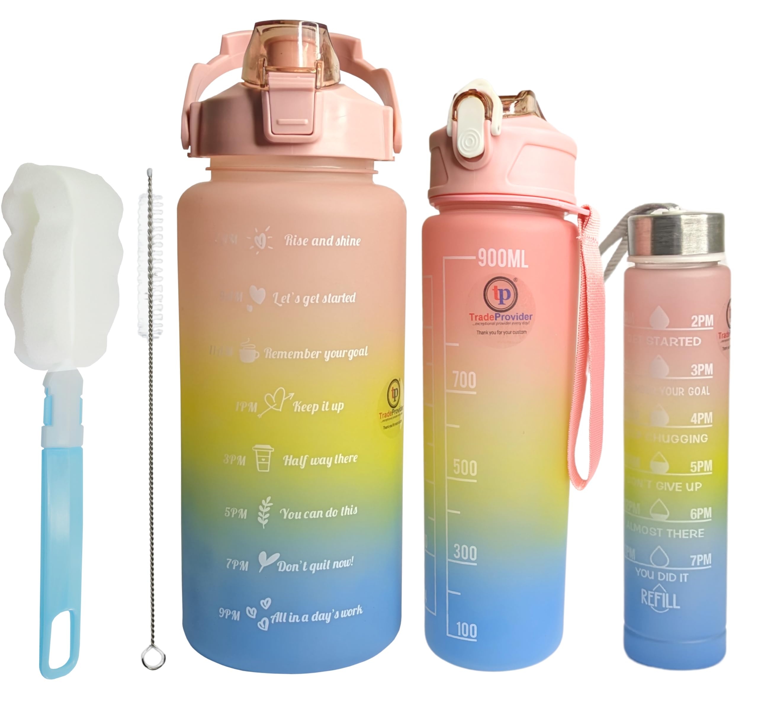 Tp Tradeprovider 3Gradient-Peach Tradeprovider® Drinking Bottle (3 Peach Pack) Bpa Free 2L, 900L, 300L With Leakproof Lid, Straw, Brush, Time Markings, (3 Gradient-Peach)