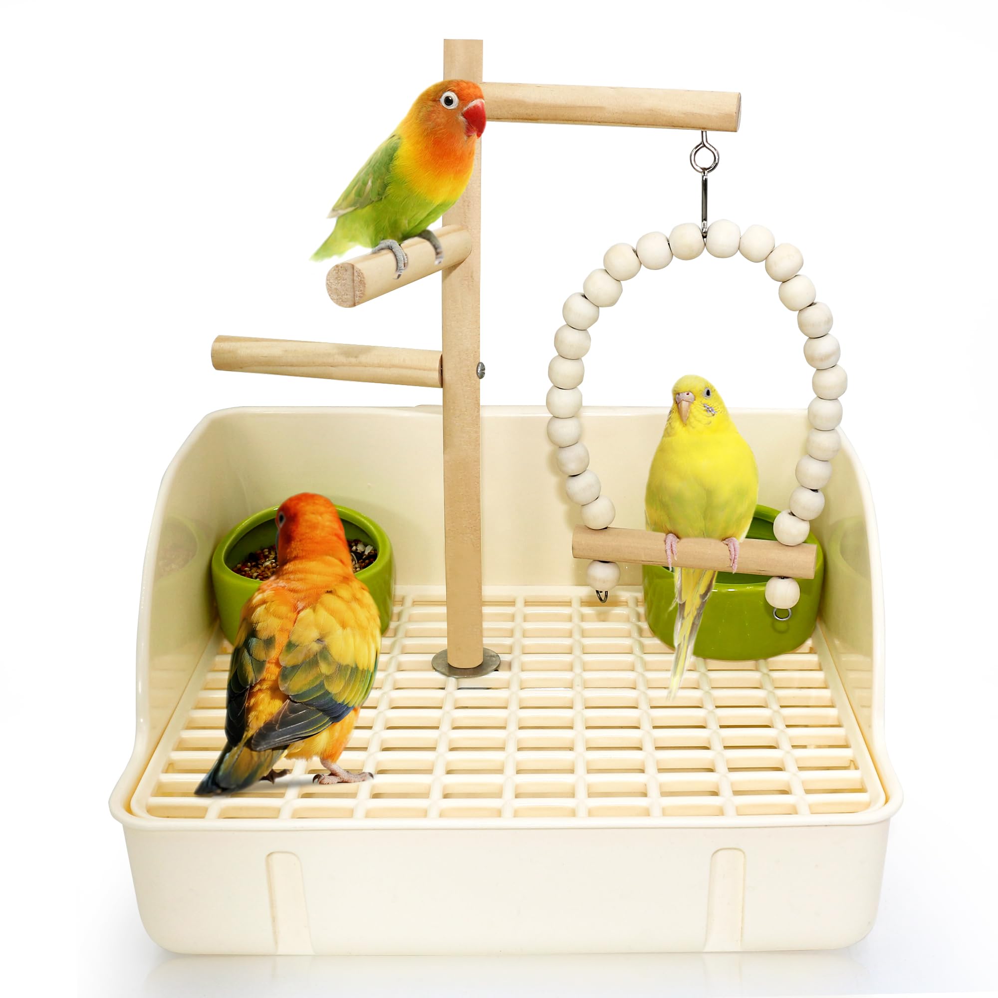 3 in 1 Bird Playground Stand Tabletop with Large Tray, Wooden Bird Play Stand Large, Parrot Perch Stand with Food Bowls, Parakeet Playground Outside Cage, Gym Exercise Activity for Lovebirds Conure