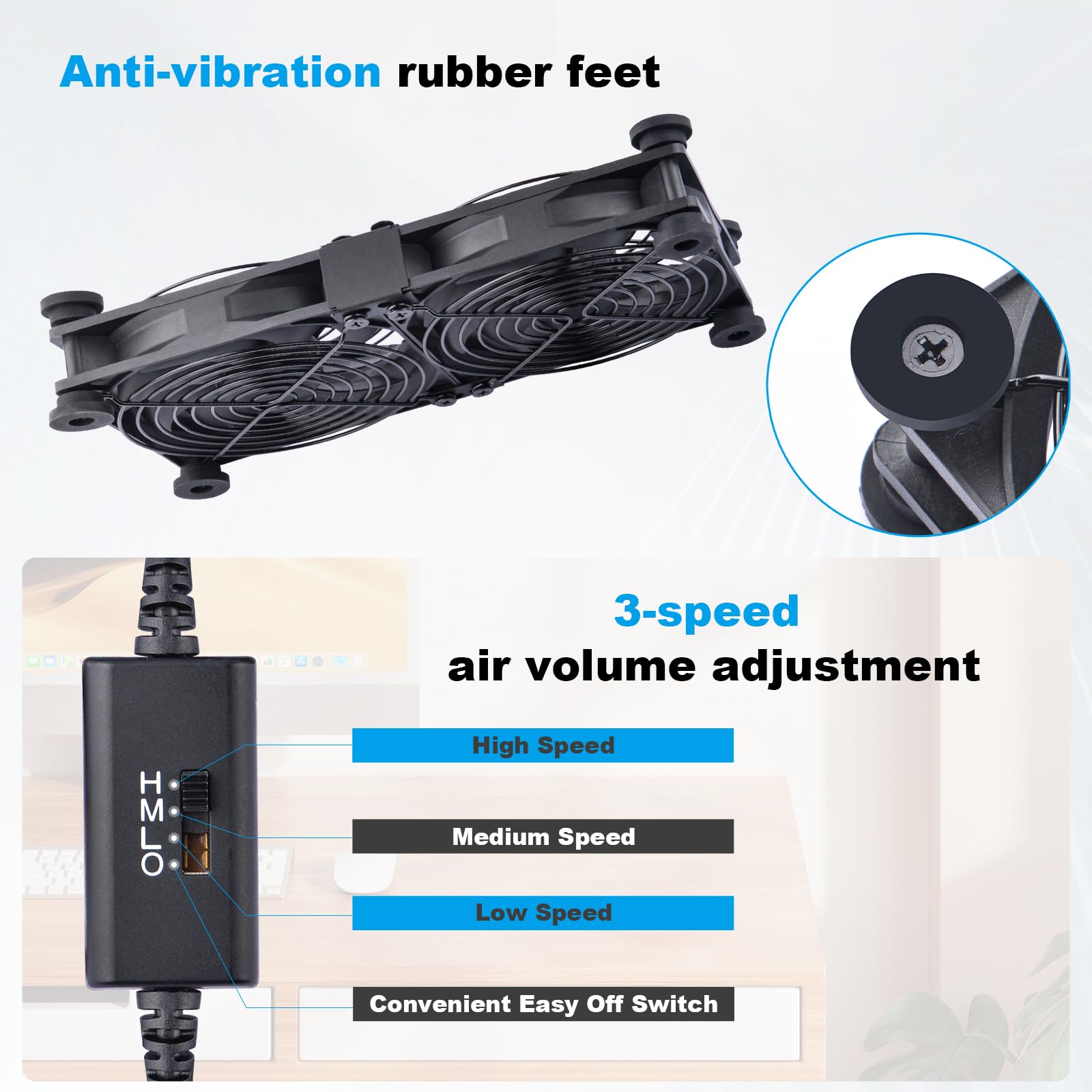 Ventola silenziosa 2 in 1 120 mm Dual Router con regolatore velocità 3 gradi DC 5V USB Cooling Case