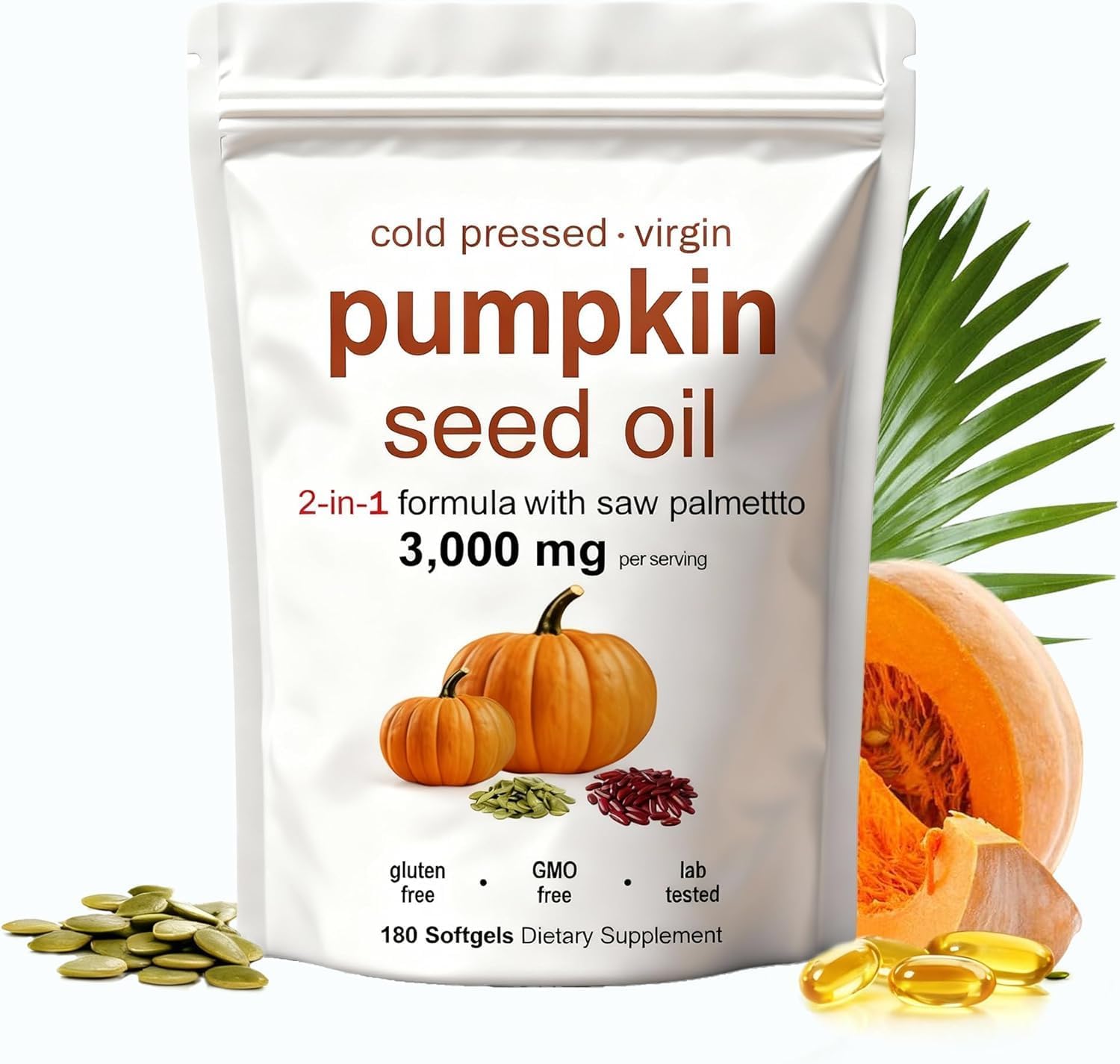 Pumpkin Seed Oil with Saw Palmetto- 3000mg - 300 Softgels -Cold Pressed - Pure Virgin Oil - Essential Fatty Acids & Phytosterols - Supports Hair - Urinary - Bladder & Prostate Health - Non-GMO