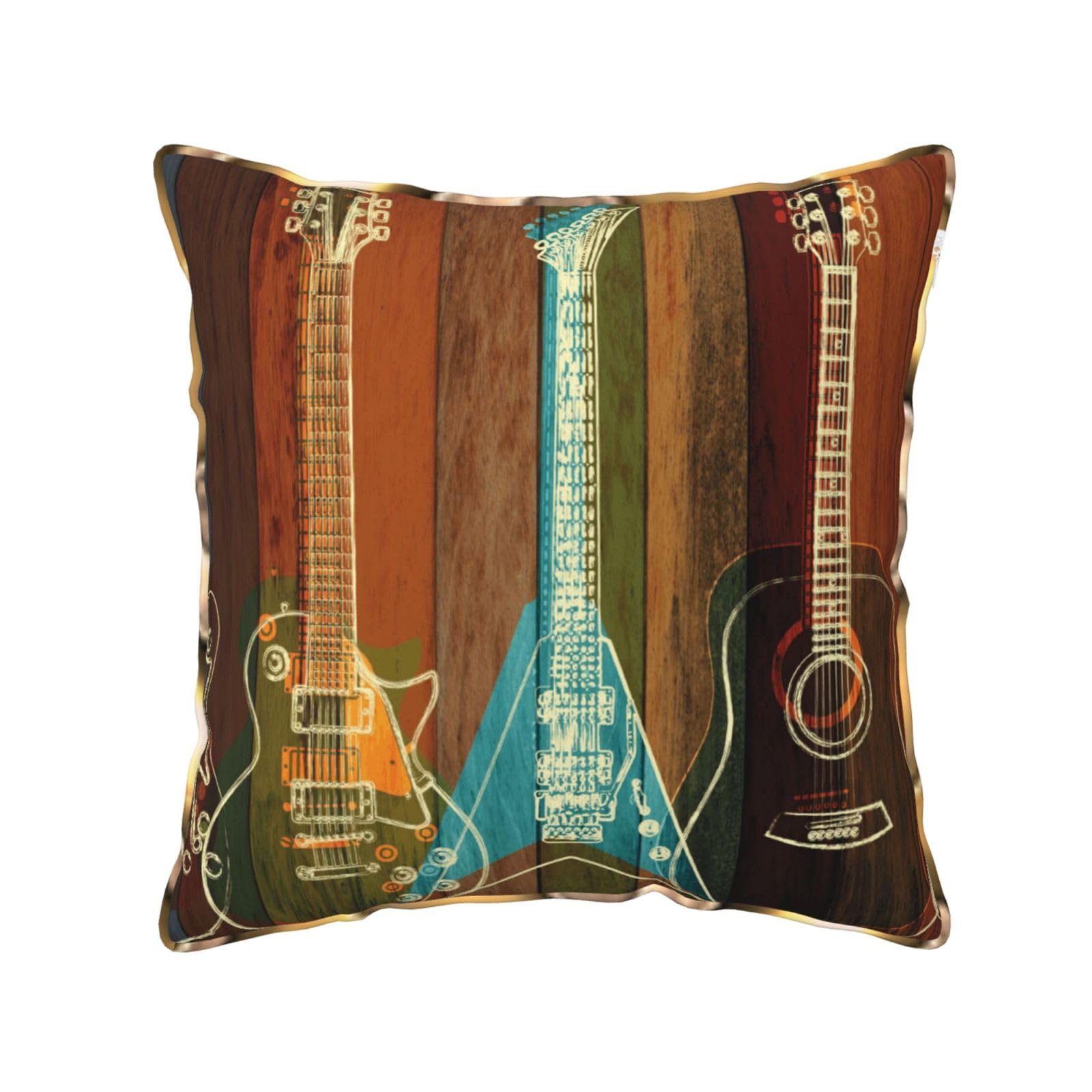 AUBKFELD guitars art Printed Velvet Cushion Cover 50x50 CM with Gold Edging Strip, Square Pillowcase Soft Throw Pillow Covers Case Decorative for Living Room Sofa Couch Bed Bench