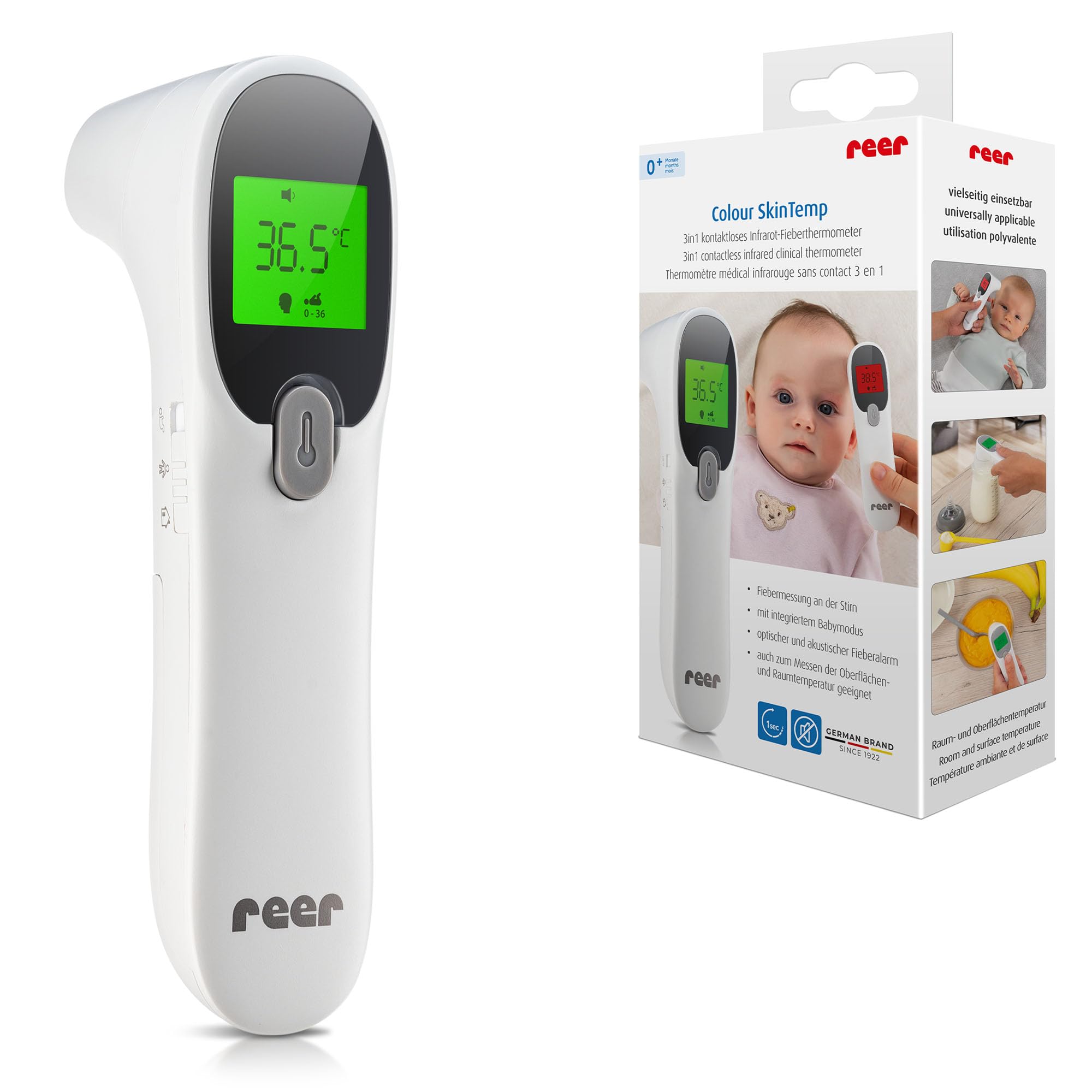reer Colour SkinTemp 3in1 | kontaktloses Infrarot-Fieberthermometer | für eine genaue Messung an der Stirn | ideal für Babys und Kinder