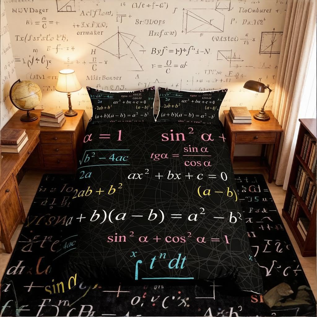 Loussiesd Boys Math Duvet Cover Mathematical Formula Bedding Set Black Colorful Numbers Comforter Cover for Kids Children Bedroom Decor Maths Bedspread Cover Single With 1 Pillow Case — image 1
