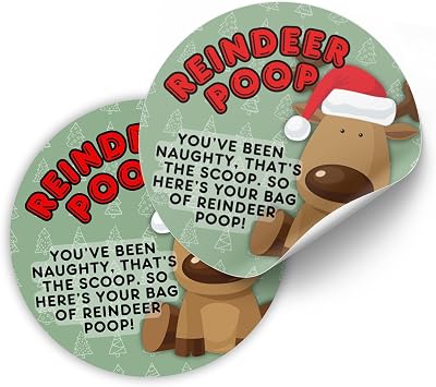 Reindeer Poop Christmas Gag Gift Sticker Labels | 40 pk 2 Circle Stocking Stuffer Use with Chocolate Chips or Candy Grouch Pills Magical Elf Poop Food Sack