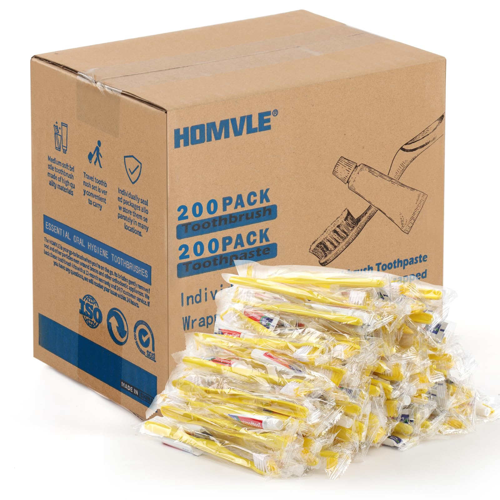 Homvle Disposable Toothbrushes with Toothpaste - 200 Packs Individually Wrapped Travel Toothbrushes Bulk, Medium Soft Bristles, Perfect for Travel
