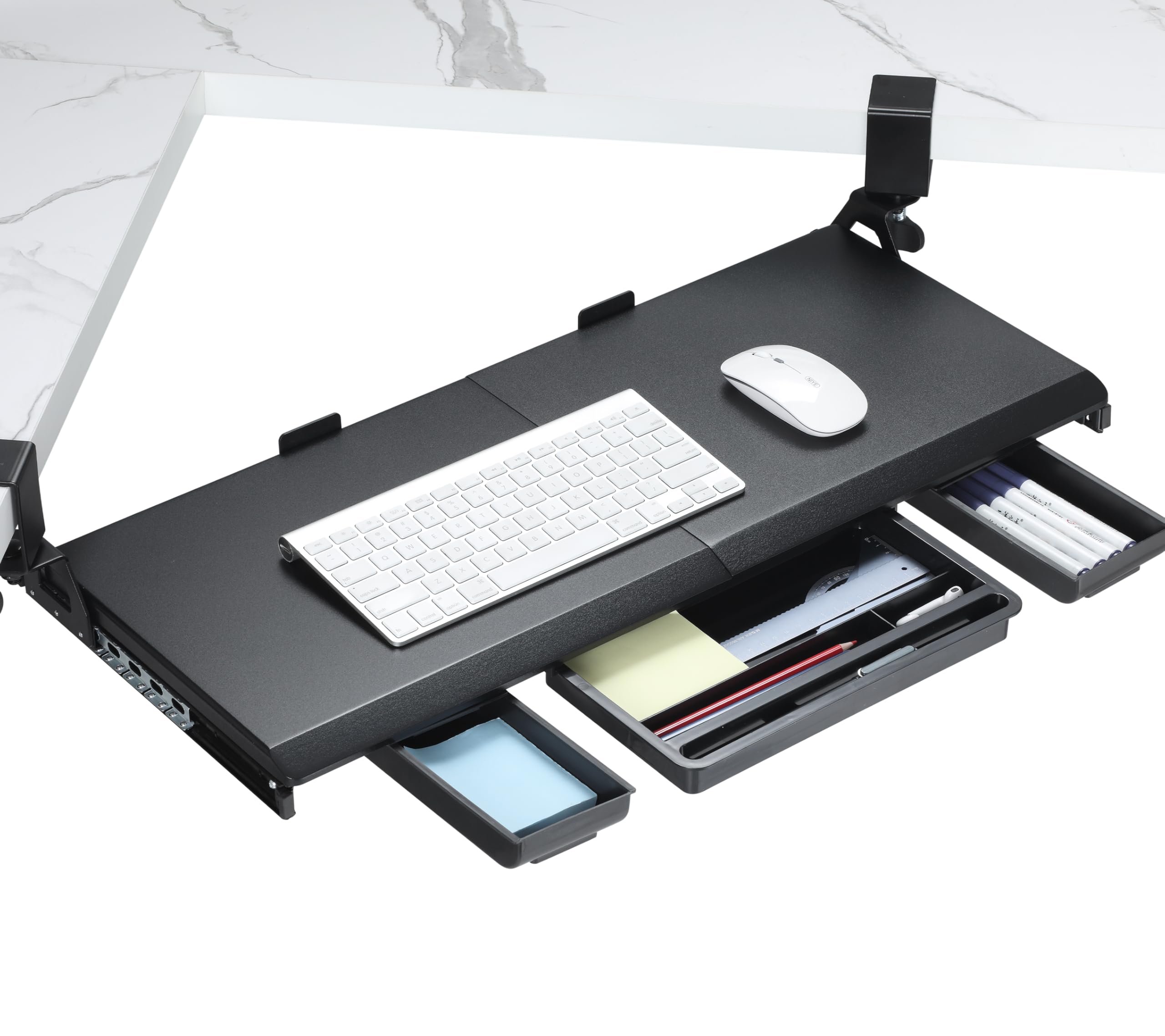 ETHU Bandeja para teclado debajo del escritorio con abrazadera en C, estante negro para teclado de 68 x 30 cm para escritorios de esquina con deslizamiento de cierre suave e instalación sin