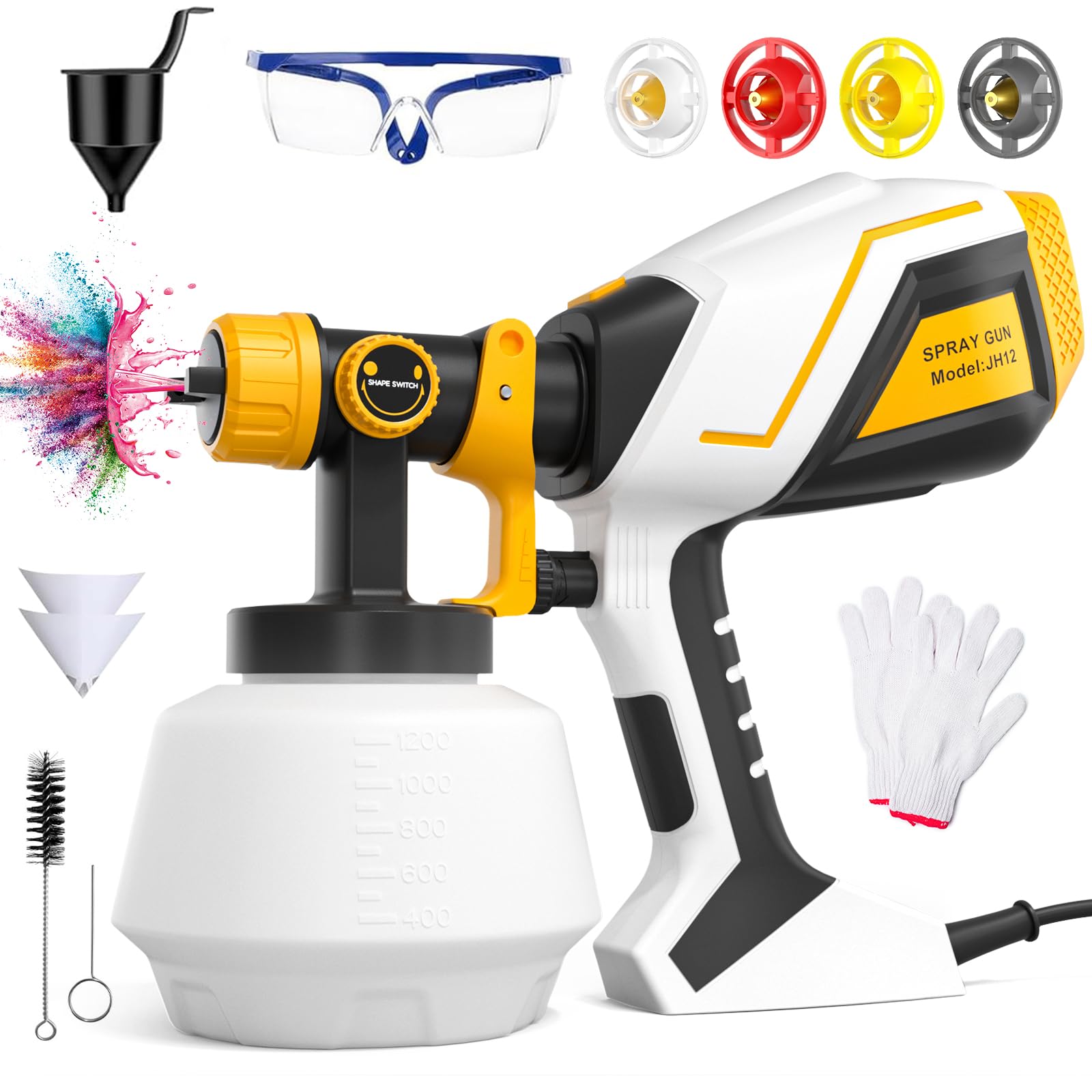 Paint Sprayer,600W HVLP Electric Spray Gun with 1200ML Container,Paint Spray Gun with 4 Nozzles and 3 Patterns,Adjustable Flow,Fence Paint Sprayer for Sheds, Cabinet, Walls, Furniture, Ceiling,Yellow