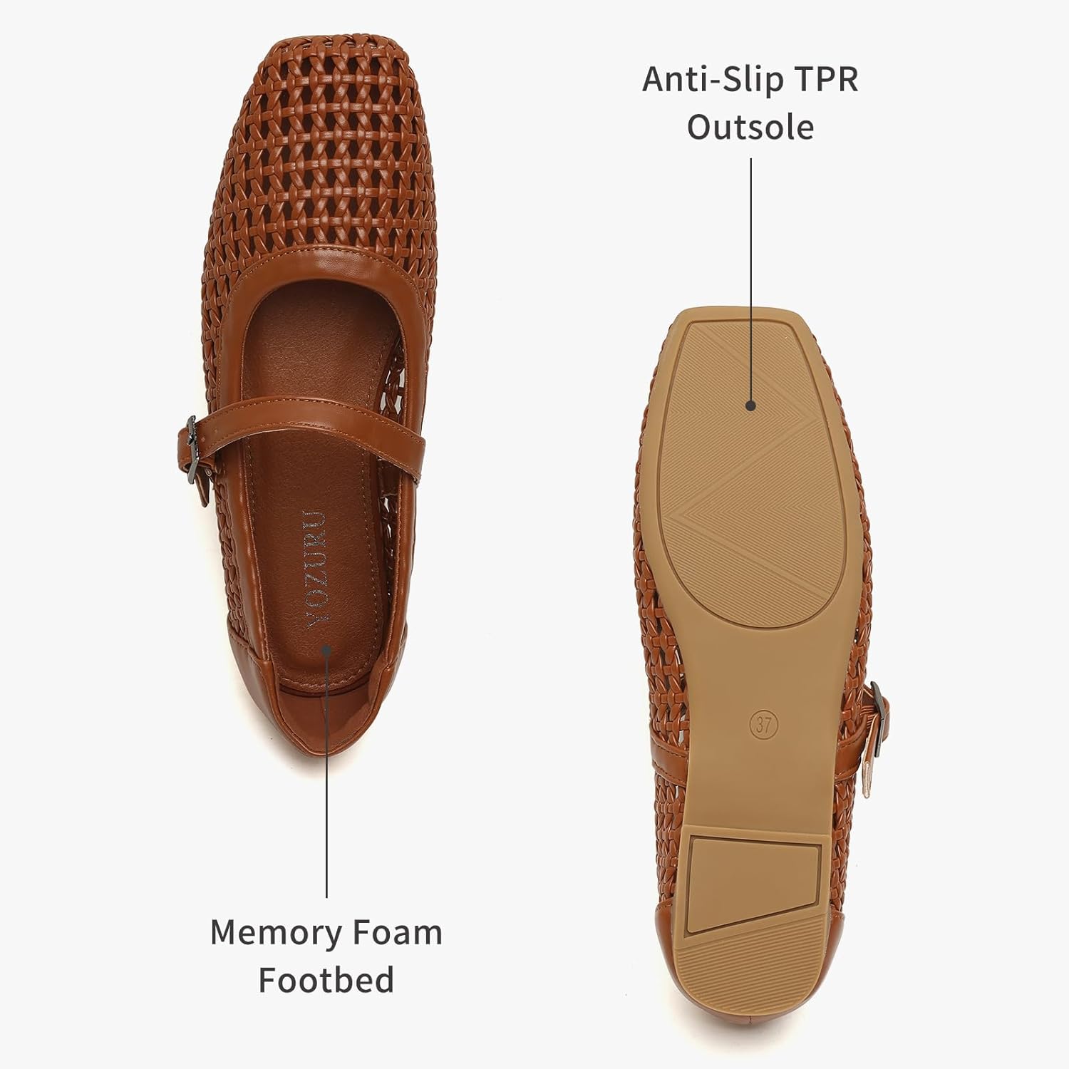 Yozuru Womens Woven Ballet Flats Mesh Mary Jane Shoes Dressy Squared Toe Comfortable Buckle Strap Casual Leather Flats for Women - Image 4