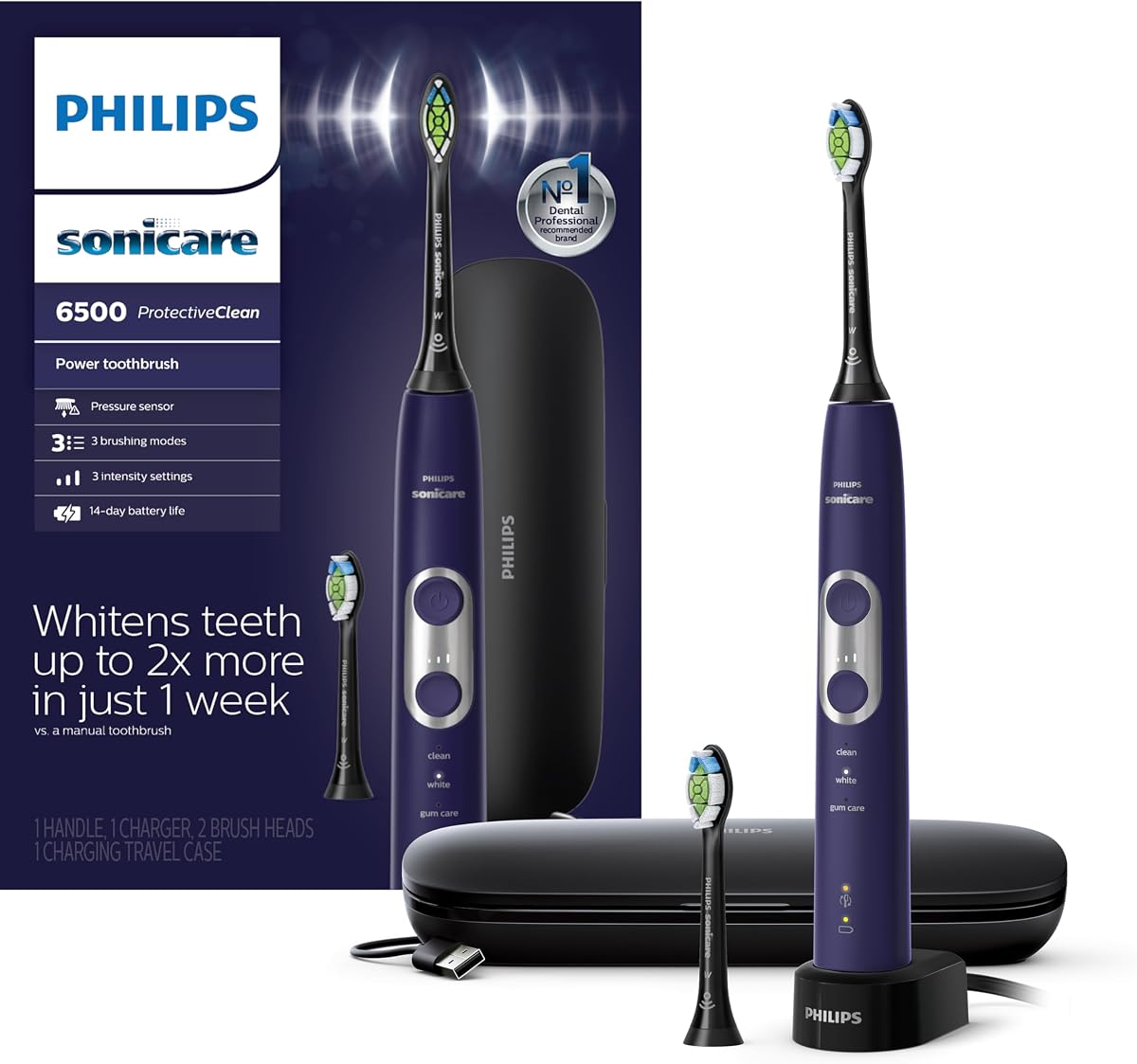 ProtectiveClean 6500 cepillo de dientes eléctrico recargable | 100% menos manchas, sensor de presión, 6 configuraciones de cepillo, batería de 14 días, 2 cabezales de cepillo, estuche de viaje, morado, HX6462/09