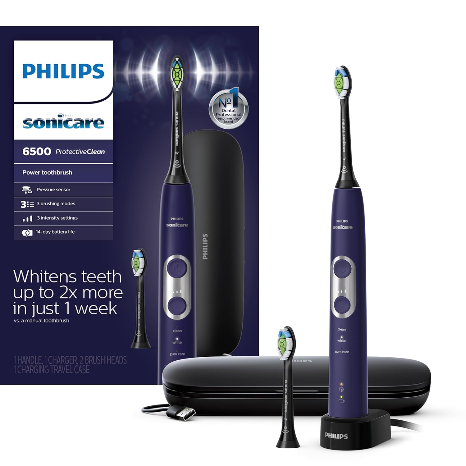 PHILIPS Sonicare Protective Clean 6500 Rechargeable Electric Toothbrush with Charging Travel Case and Extra Brush Head Deep Purple