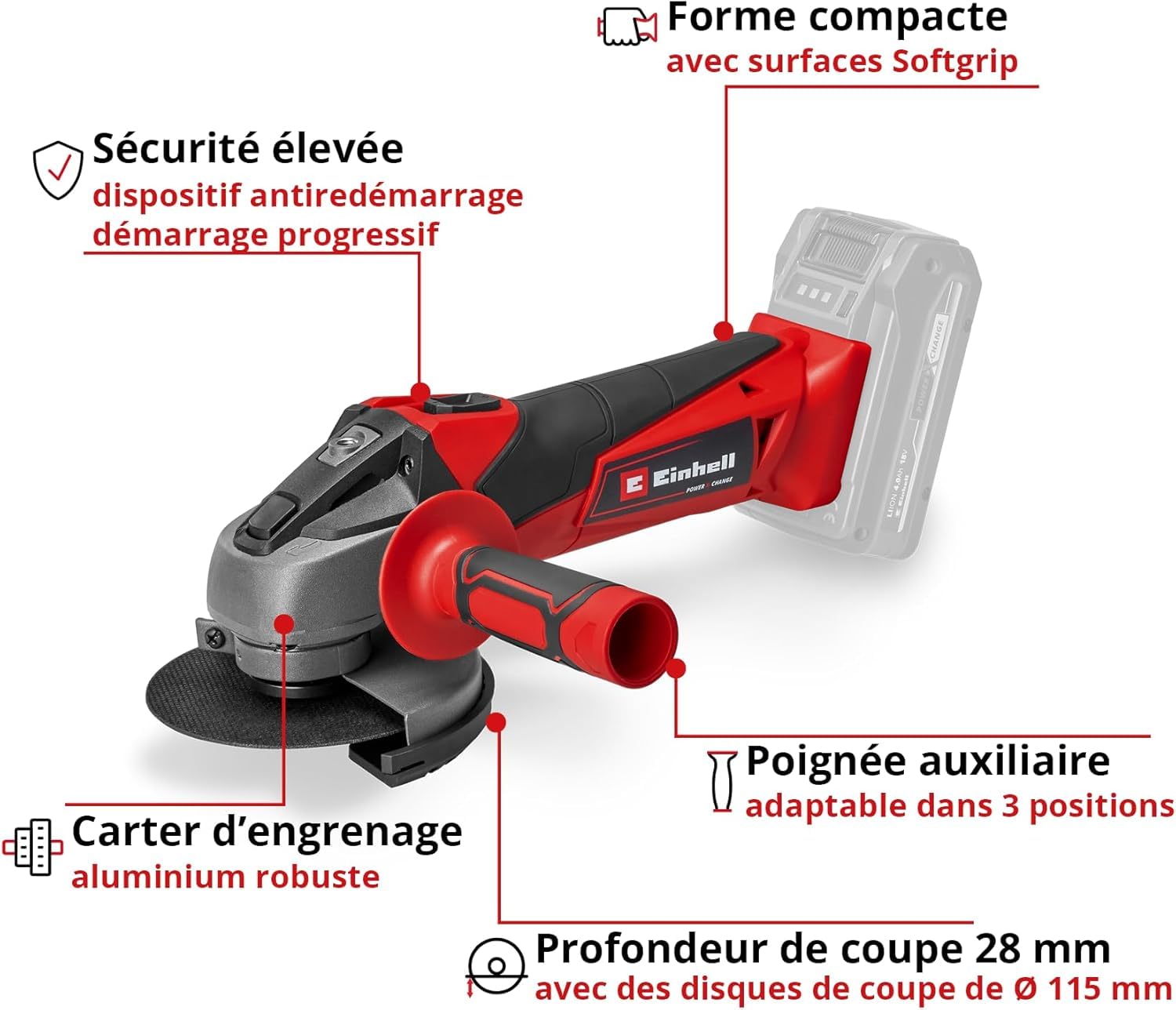 Einhell Meuleuse d'angle Ø115mm sans fil TC-AG 18/115 Li- Solo Power X-Change (18 V, Régime: 8500 trs/min, Profondeur de coupe:28 mm) Livré sans Batterie ni Chargeur