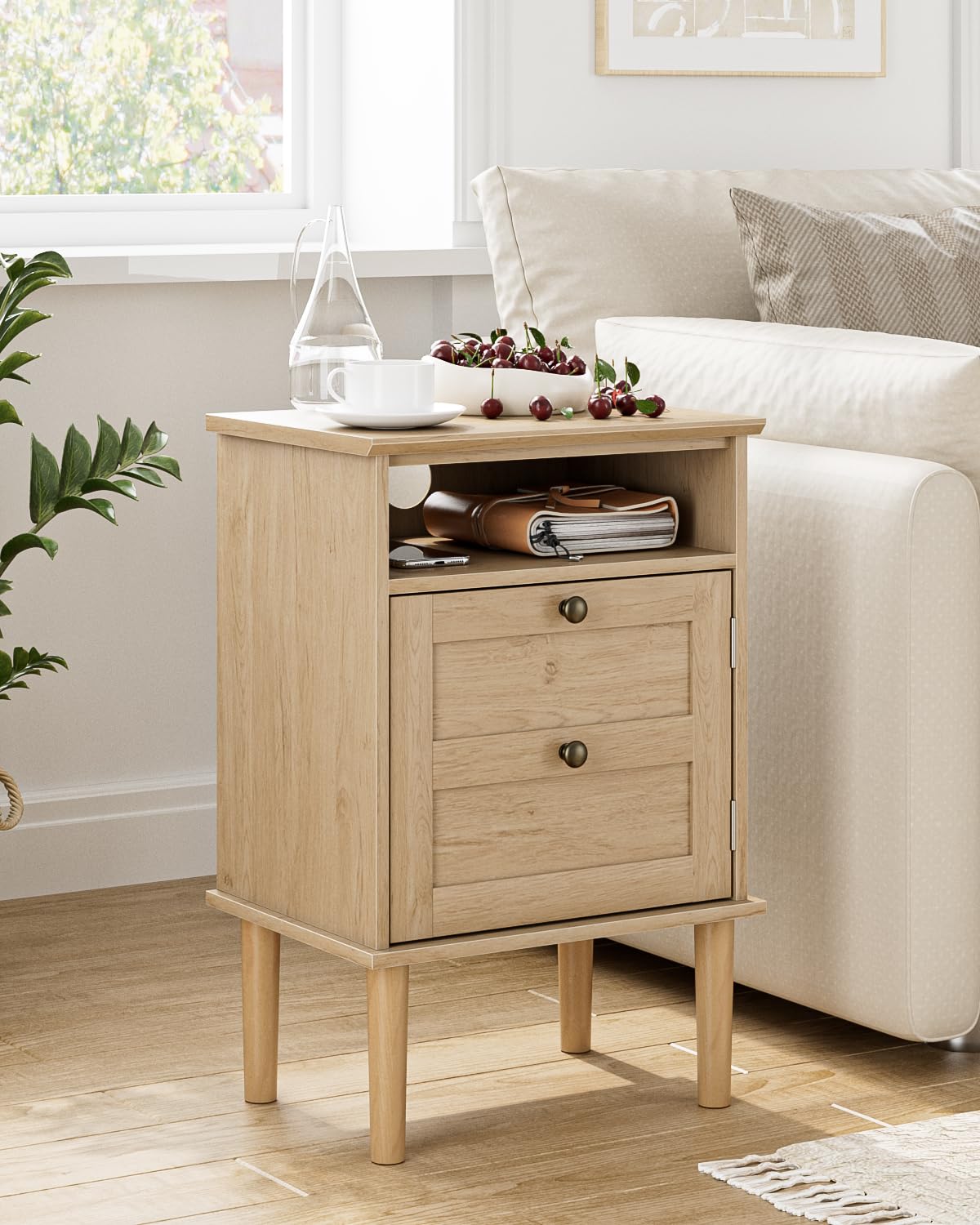 HEYZOEY Table de chevet en bois avec porte et compartiment ouvert, table d'appoint avec rangement pour chambre à coucher et salon, moderne table de nuit (Chêne clair, 39×29×60 cm)