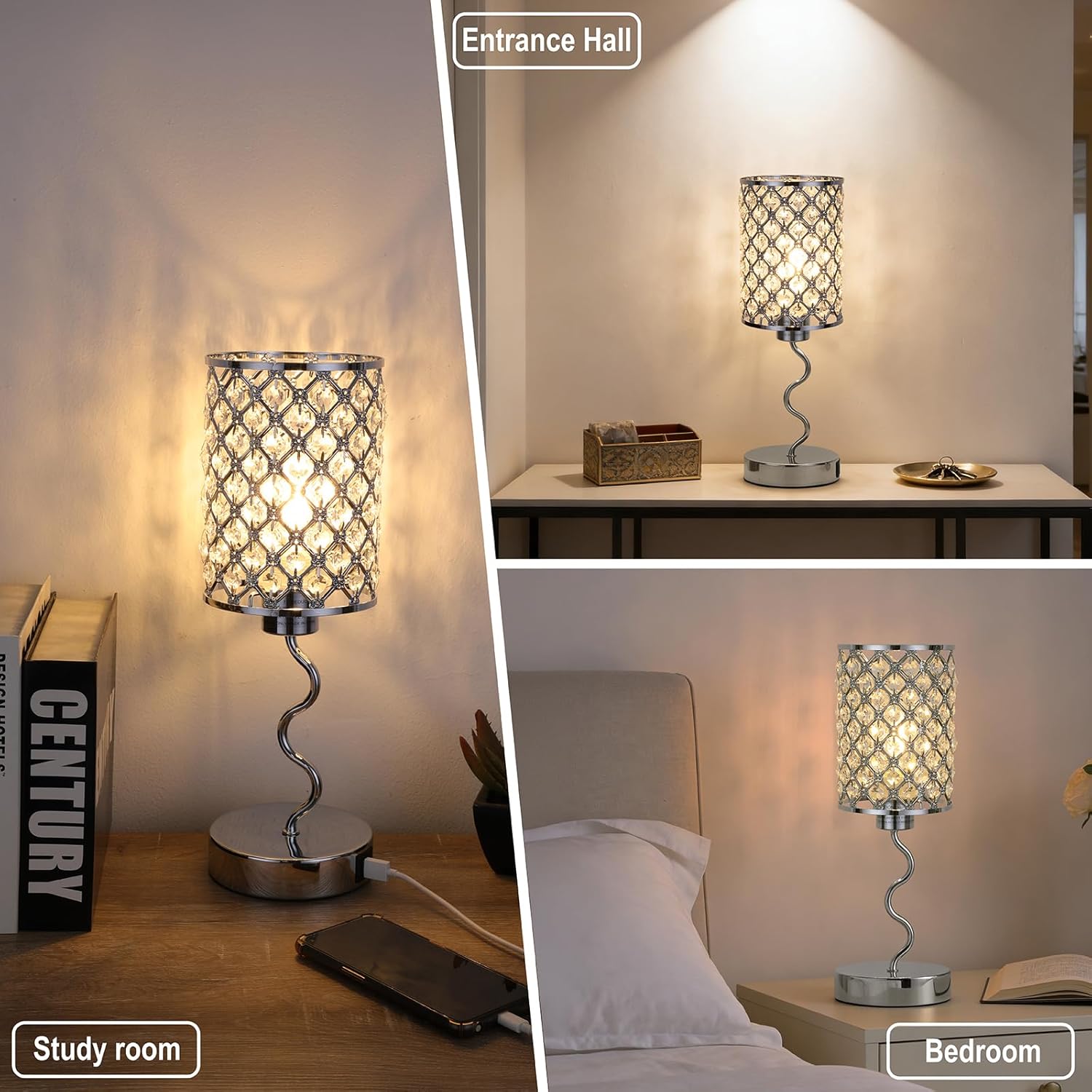 EOEYYOYB Crystal Table Lamp with 3 Way Dimmable Touch Control, Nightstand with USB A+C Ports, Modern Bedside Touch Lamp for Bedroom, Living Room, Office Reading, Silver
