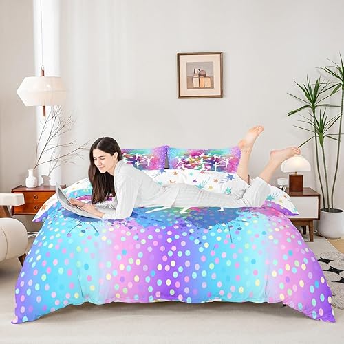 Miniatura 150 de Castle Fairy Juego de funda de edredón de cola de pez de sirena, tamaño Queen, juego de ropa de cama de escamas de sirena de acuarela arcoíris, 3