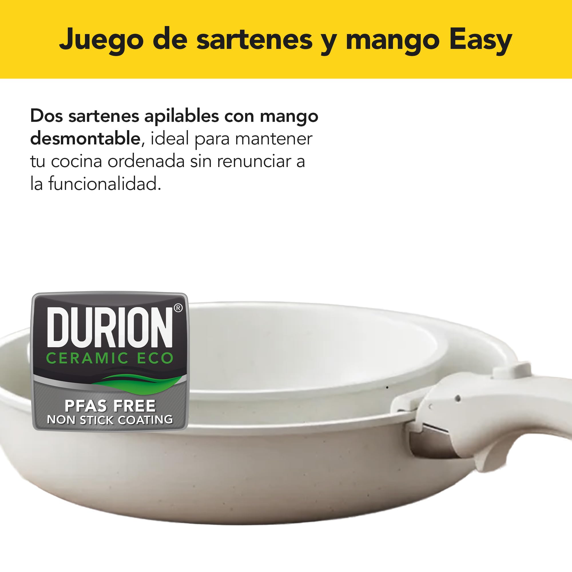 CASTEY - Easy Pan Duo, Set de Sartenes con Mango Desmontable, Aluminio, Doble Recubrimiento Antiadherente, Apto para Horno y Todas las Cocinas, Fácil Limpieza, Blanco