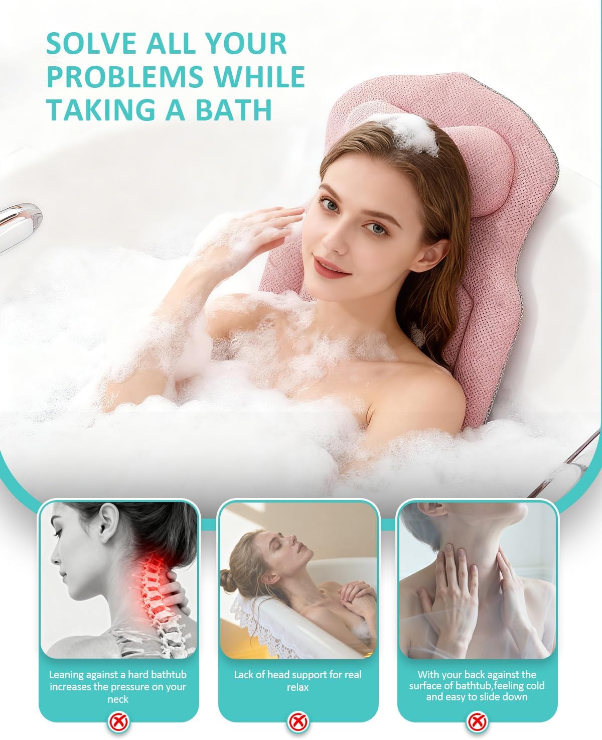 Full Body Bath Pillow for Bathtub, 5D Thick Tub Pillow for Bathtub with 192 Non-Slip Suction Cups, Laundry Bag & Hook, Bathtub Pillow for Head, Neck & Back Support (Pink, 51"*15")