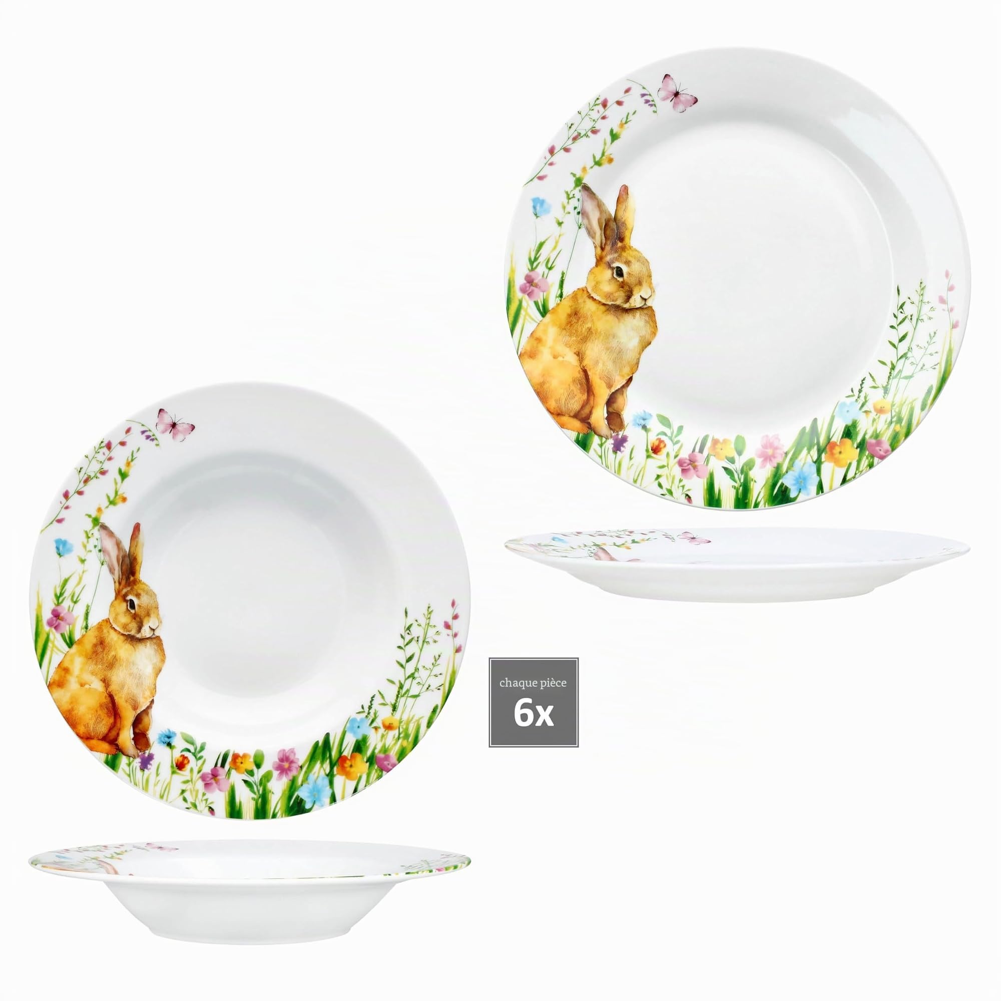 MamboCat Service de table 12 pièces Osterfreude I Vaisselle en porcelaine printanière avec décor lapin de Pâques pour 6 personnes I 6 assiettes creuses et 6 assiettes plates pour le petit-déjeuner, le
