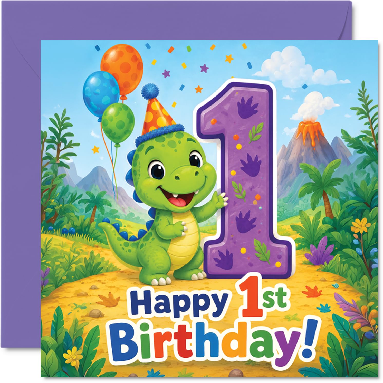 Playful 1st Birthday Card - Roarsome First Birthday Cheer - Friendly Dinosaur with Balloons and Jungle Party Scene - 145mm Square, Envelope Included