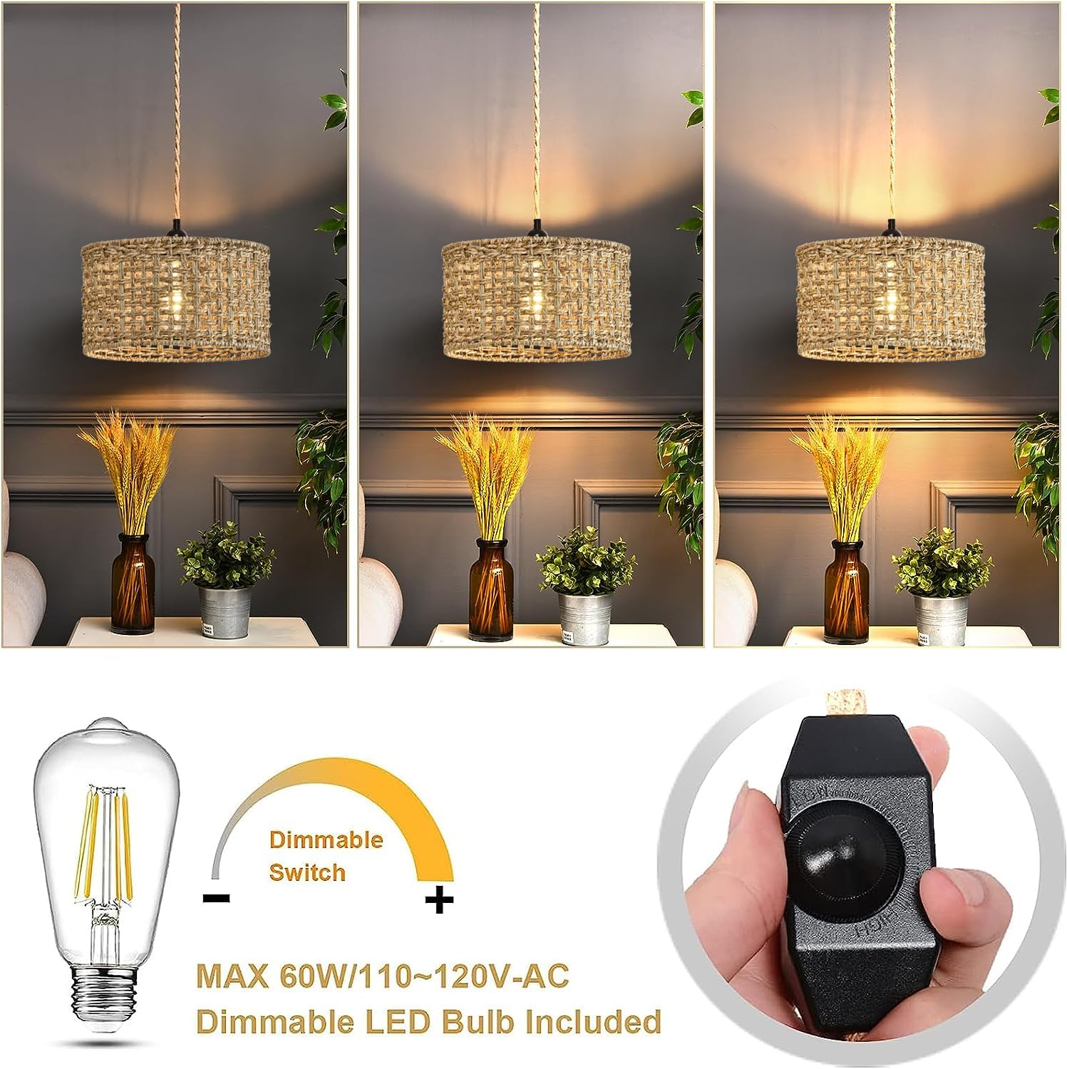 Plug in Pendant Light Hanging Lights with Plug in Cord,Dimmable Hand Woven Wicker Hanging Lamp,Boho Pendant Lamp with Rattan Shades,Farmhouse Rustic Plug in Light Fixture Decor for Living Room Bedroom