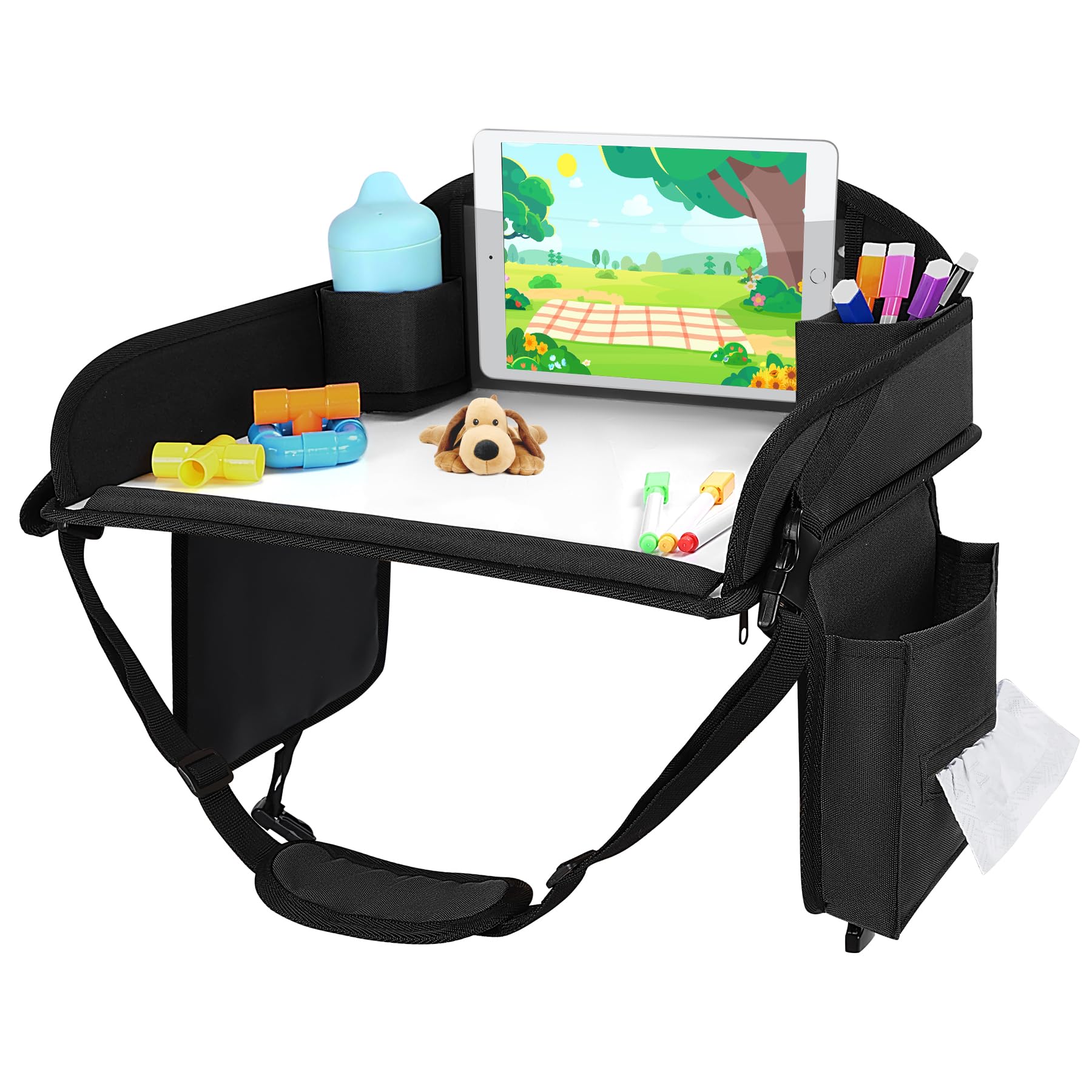 INFANZIA Reisetisch Kindersitz Spiel für Kinder- Auto Knietablett, Kindersitz Rücksitz mit Farbstifte für Flugzeug Zug Reisen - Unterstützung, Faltbarer Organizer (Schwarz)