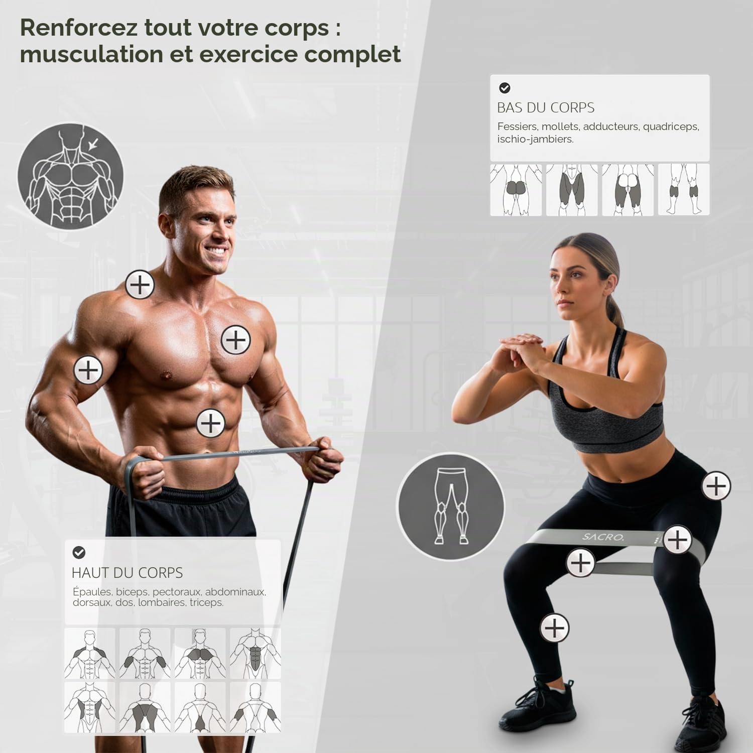 SACRO. Bande Elastique Musculation avec 5 Niveaux – 3 Bandes de Résistance Haut du Corps + 2 Bandes Fessiers Jambes – Poignées, Ancrage Porte et Sac – TPE