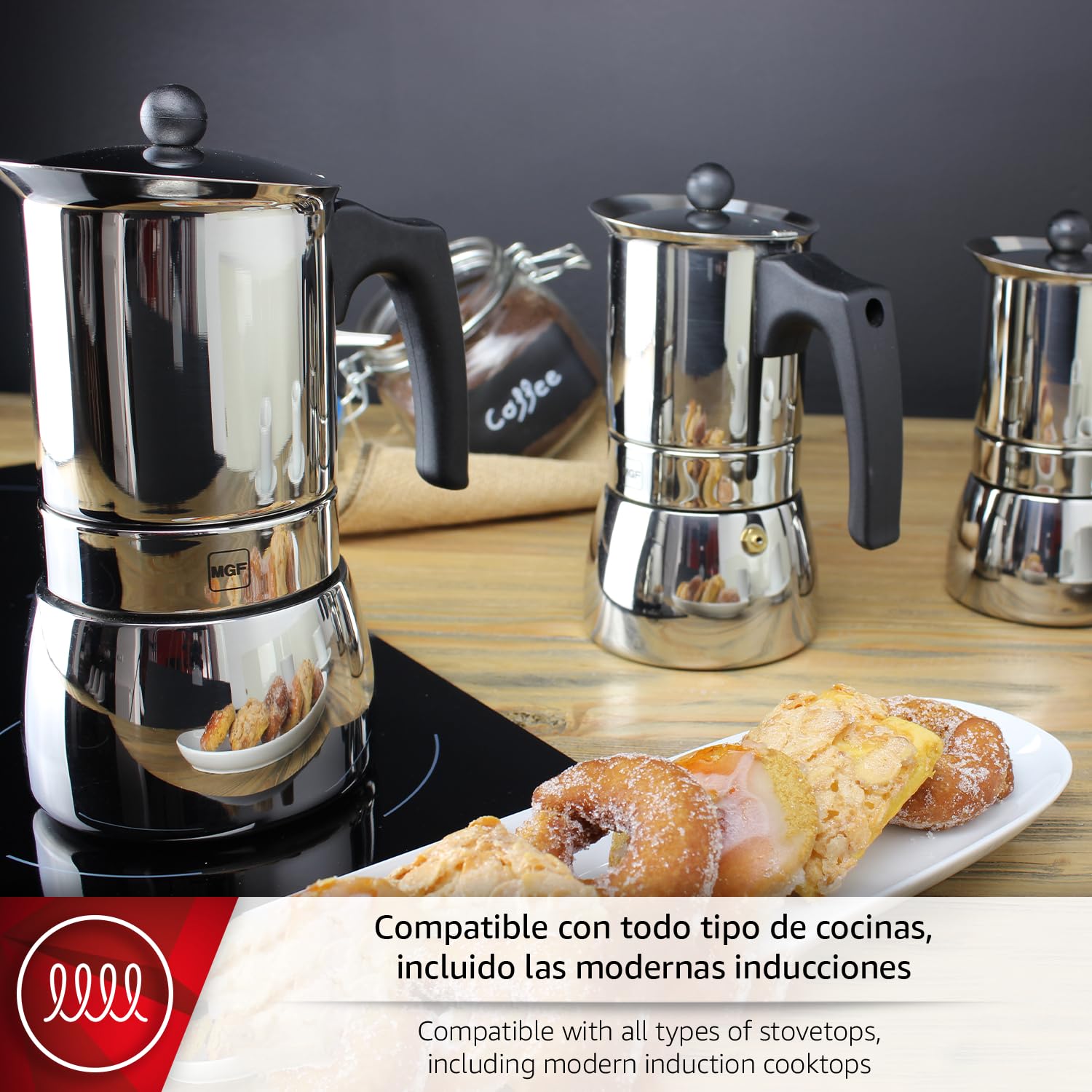 Magefesa Genova - Caffettiera Moka 6 Tazze, Acciaio Inox 18/10, Manico Ergonomico, Risparmio Energetico, per Tutti i Tipi di Cucine, Induzione