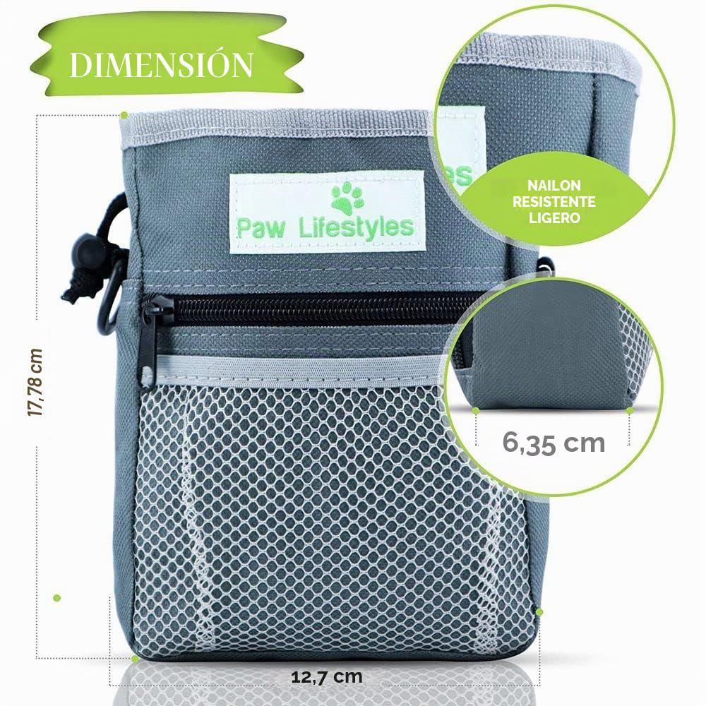Bolsa De Entrenamiento De Golosinas para Perros - Lleva Fácilmente Juguetes para Mascotas, Croquetas, Golosinas - Dispensador De Bolsas De Caca Incorporado - 3 Formas De Usar - Gris