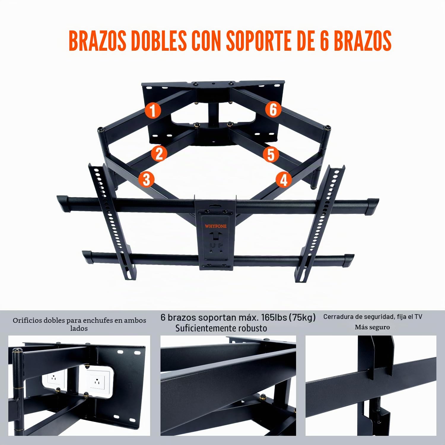 Soporte TV Pared para Pantallas Planos y Curvos de 50-90 Pulgadas, Soporte TV Inclinable y Giratorio con 765mm Brazos Dobles, Resistentes hasta 75kg, VESA Máx 600x400mm