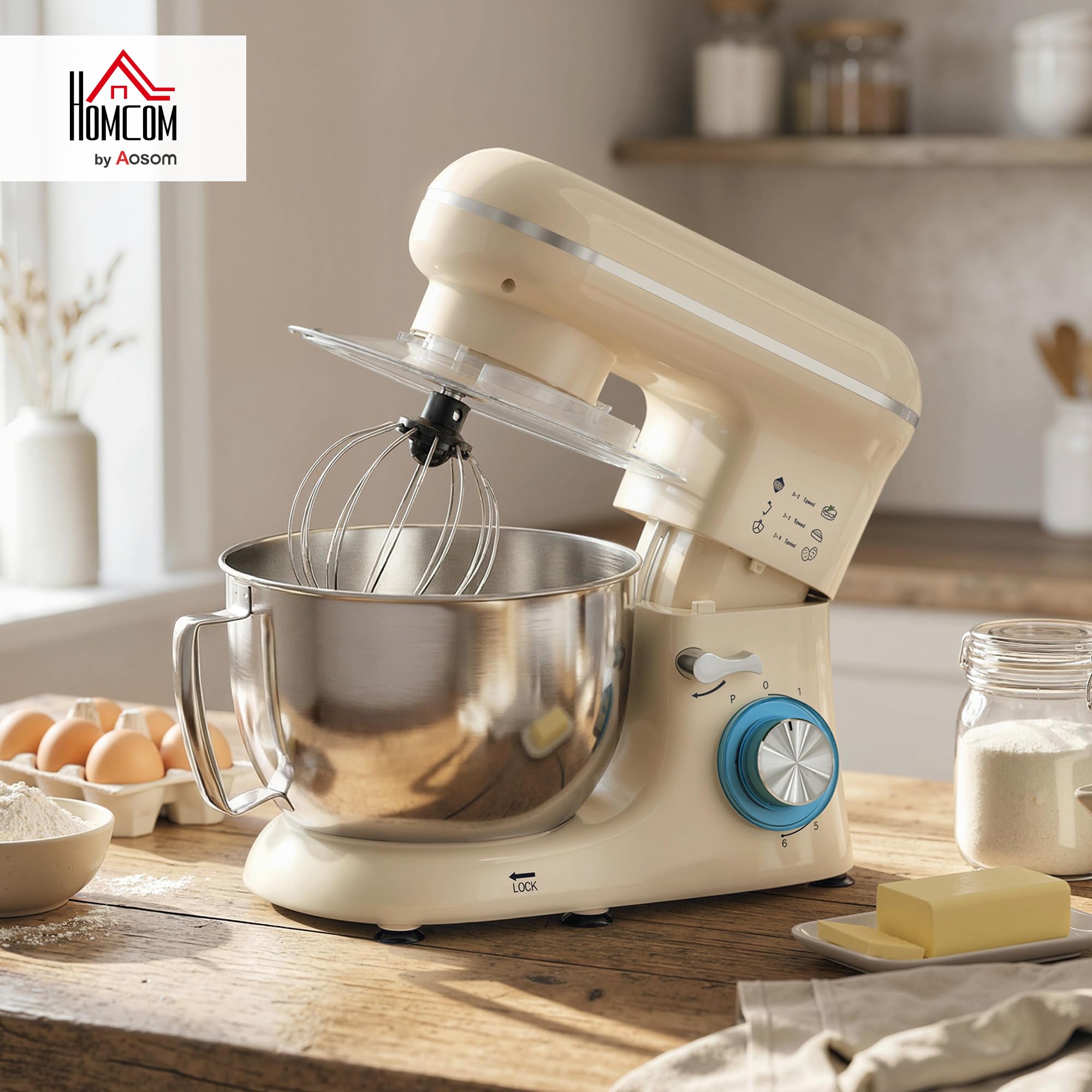 HOMCOM Batidora Amasadora 4,5L, Amasadora de Pan 1300W, Amasadora Repostería, 6 Velocidades, Bol de Acero Inoxidable, Batidor, Gancho, Varilla, Protector contra Salpicaduras, Beige