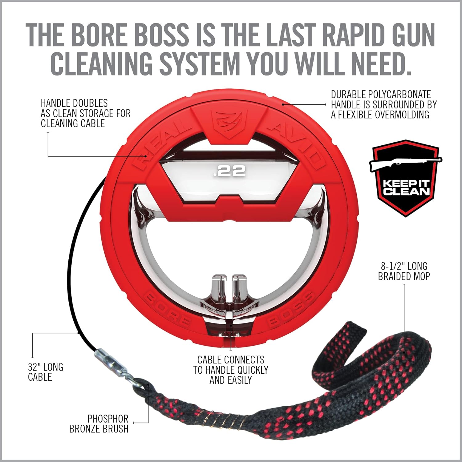 Real Avid Bore Boss Combo Kits with 4oz CLP - One-Pass Cable Bore Cleaner with Integrated Brush & Mop + CLP - Rifle Shotgun & Handgun Calibers (.30, 9mm/.357/.38, .44/.45, .243, .22, 12 & 20 GA)