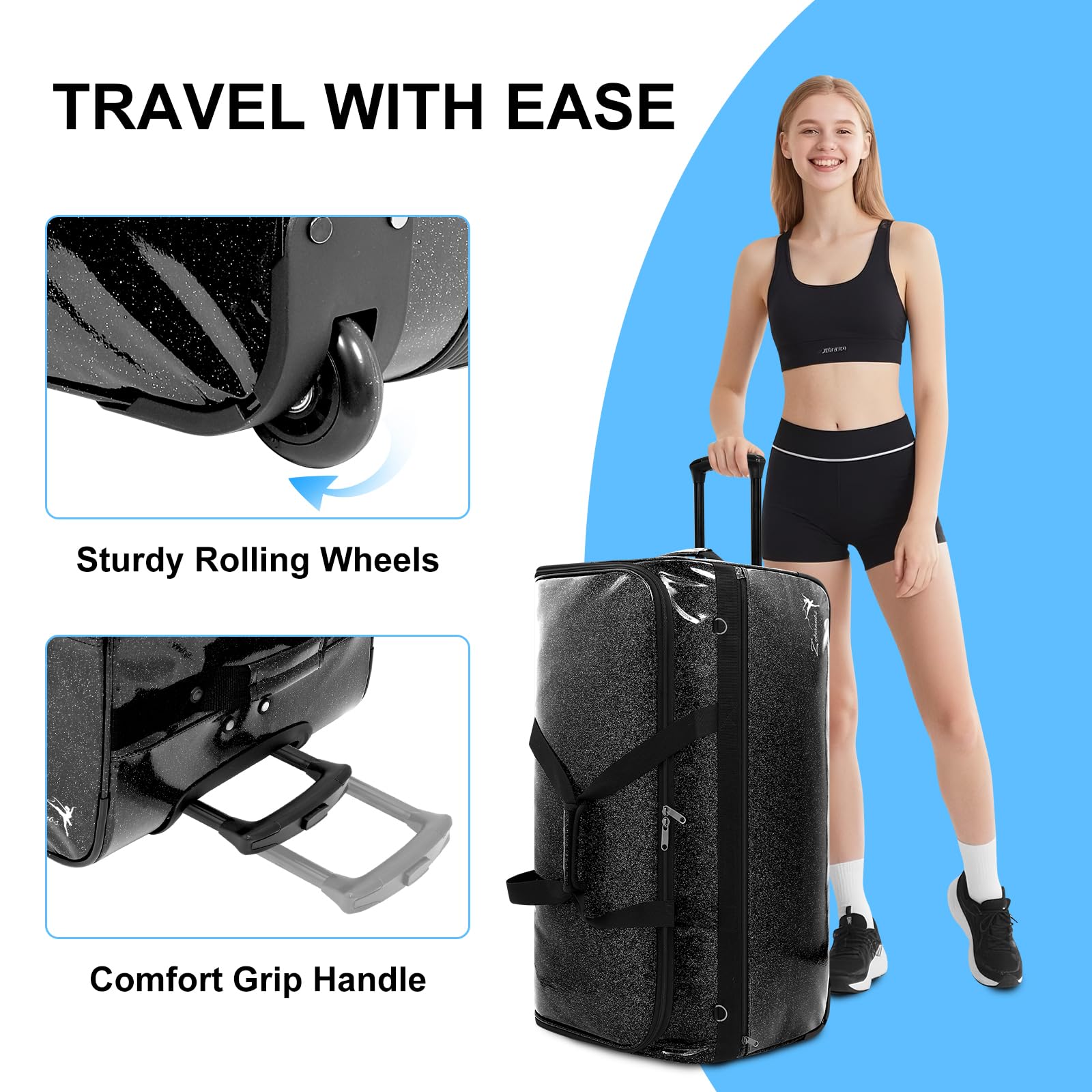 Tanztasche mit Kleiderständer, große Tanz-Kleidertaschen mit Rollen für Tänzerinnen/Mädchen/Damen, zusammenklappbare, Tanz-Reisetasche, Must-Haves für Tanzwettbewerbe (Schwarz -23")