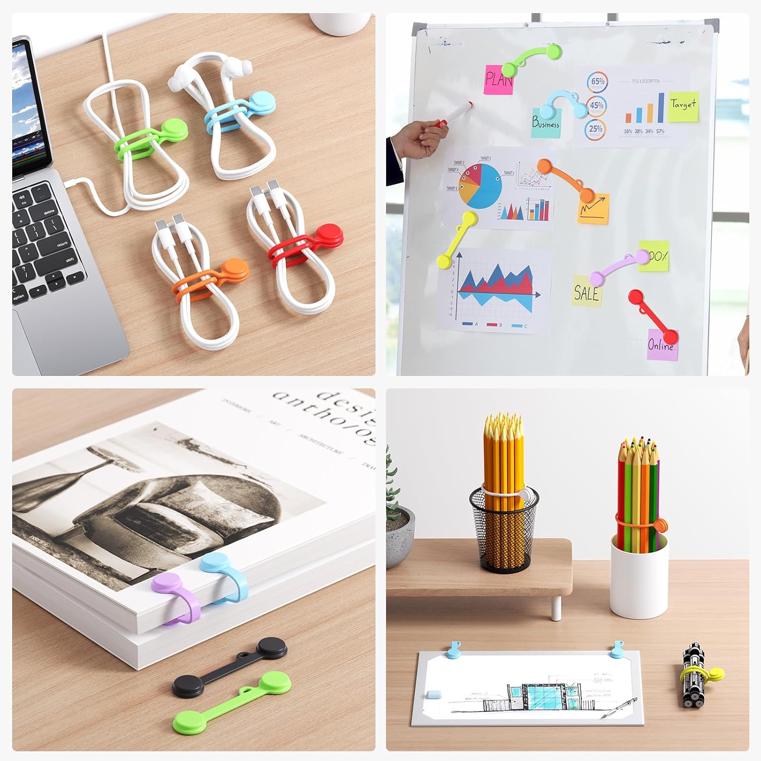 Tounee Reusable Silicone Magnetic Cable Ties - 2 Sizes Combo (4pcs 2.95'' + 4pcs 7.68'') - Multi-Purpose for Cable Bundling, Organizing, Bookmarks & Fridge Magnets - Assorted Colors, 8-Pack - Image 7