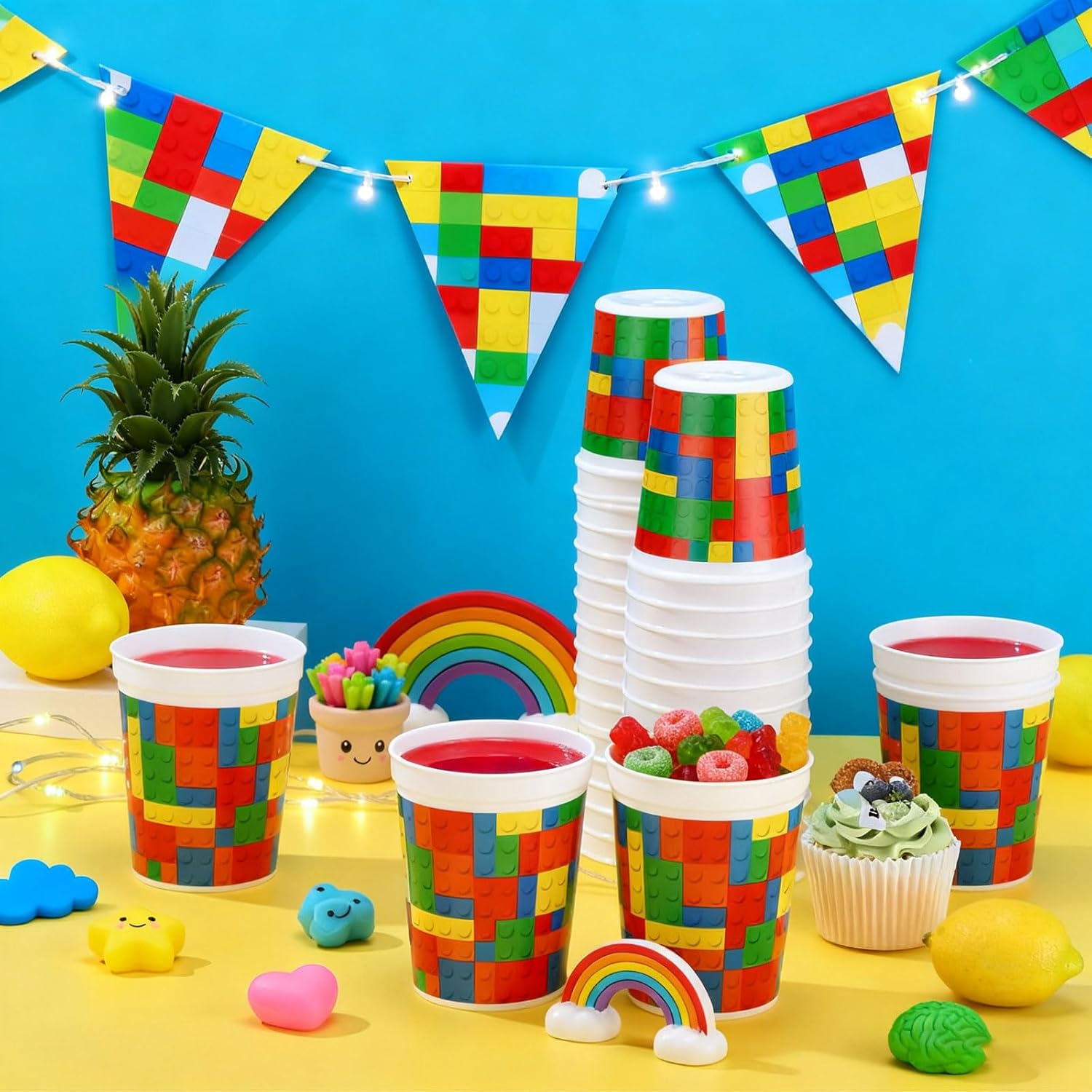 Yungyan 48 Pcs 16oz Building Block Plastic Cups Building Block Birthday Party Supplies Reusable Colorful Drink Cups for Party Celebration Cartoon Carnival Decoration